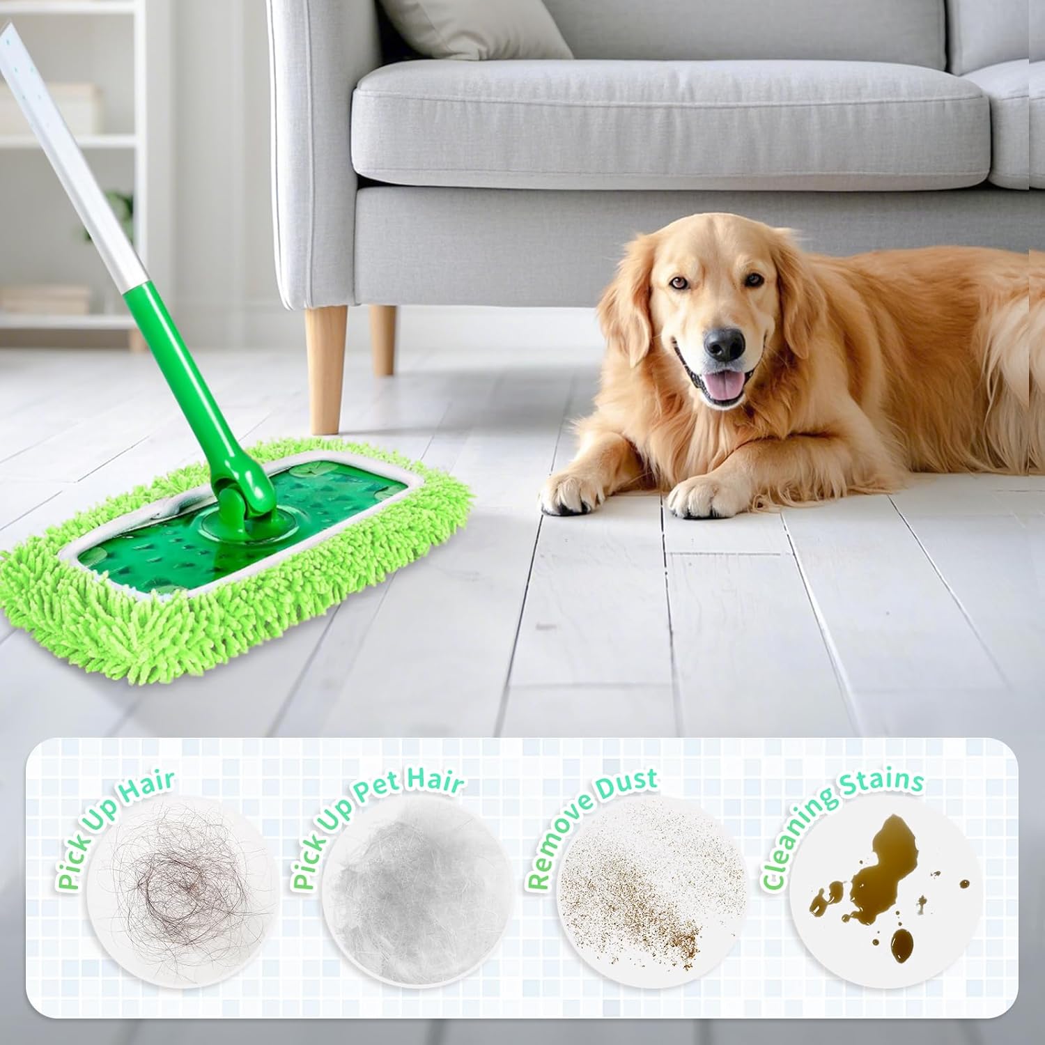 8 Pack Reusable Mop Pads Compatible with Swiffer Sweeper, Microfiber Chenille Washable Swiffer Mop Pads, Dry & Wet Sweeping Mopping Cloths (Green)