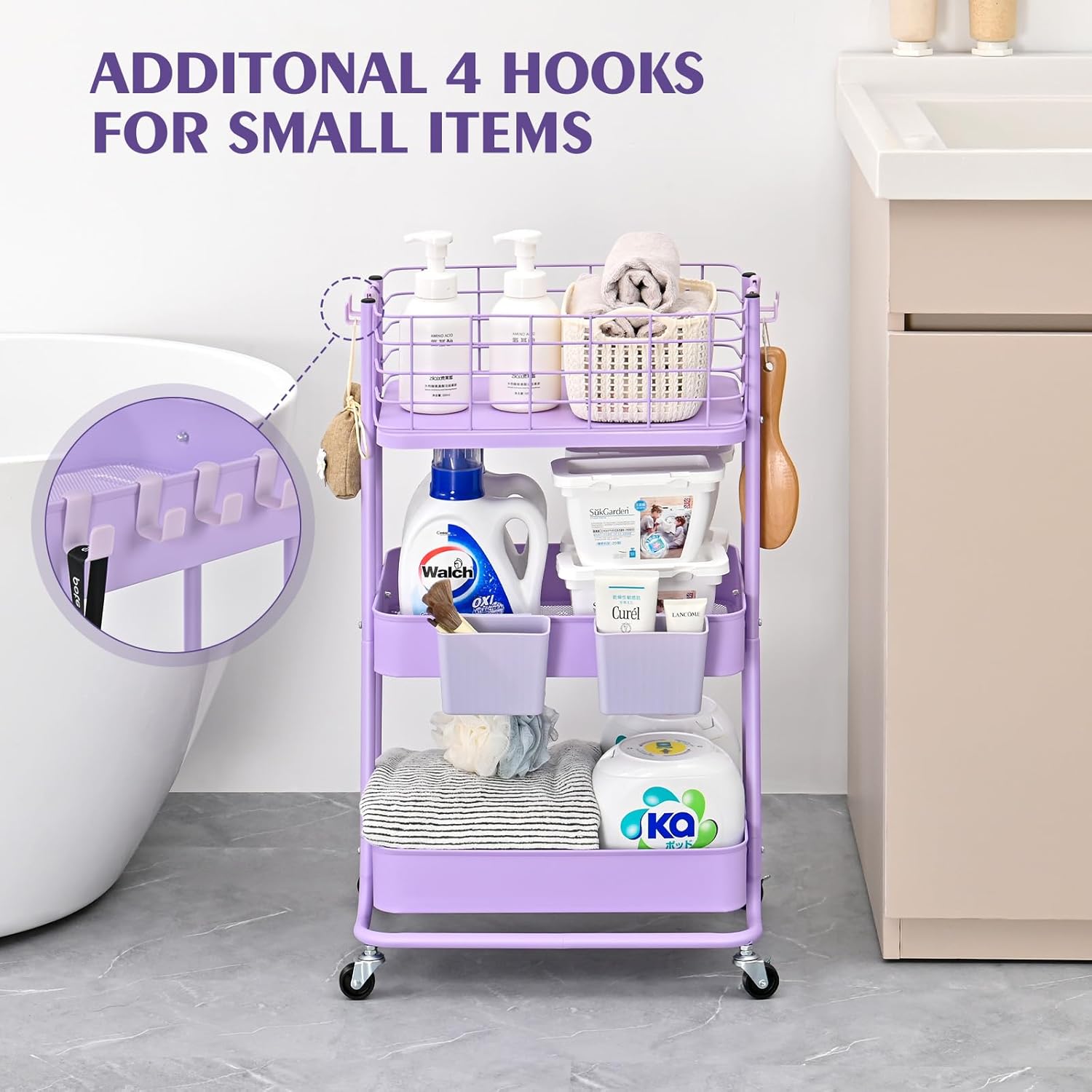 KINGRACK 3 Tier Rolling Cart, Metal Mobile Storage Shelf with Lockable Wheels, Prevent Falling Utility Trolley Cart, Storage Organizer for Kitchen, Office, Bathroom, Dorm, Purple