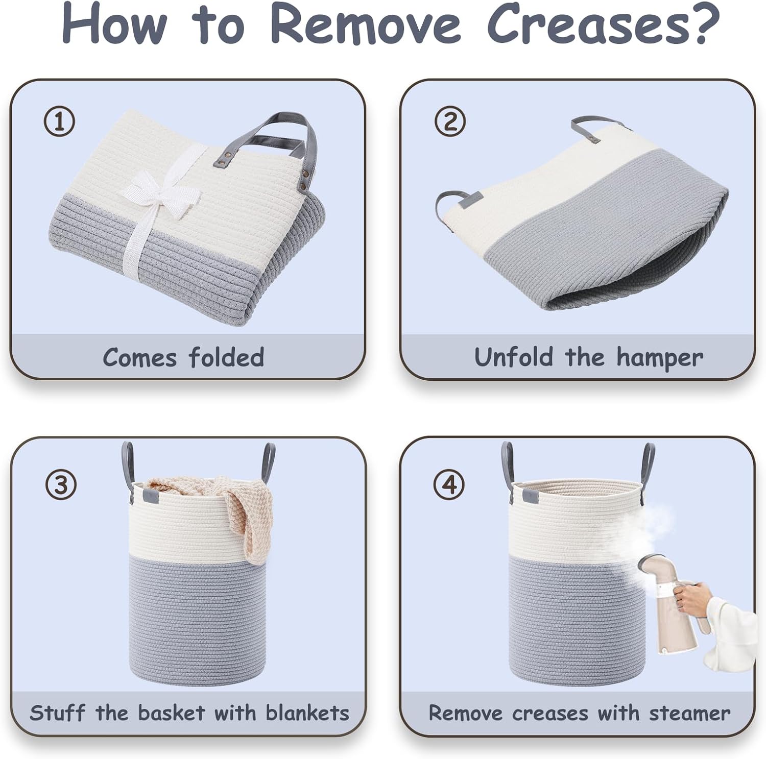 VIPOSCO Tall Laundry Basket, Large Dirty Clothes Hamper with Leather Handle, Woven Rope Storage Basket for Blanket, Toy In Living Room, Bathroom, Bedroom - 100L Grey & White