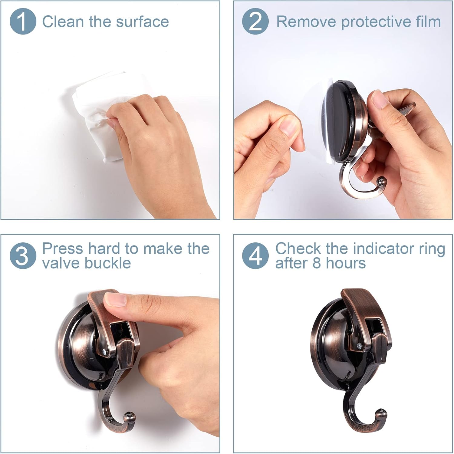 Suction Cup Hooks for Shower, Bathroom, Kitchen, Glass Door, Mirror, Tile – Loofah, Towel, Coat, Bath Robe Hook Holder for Hanging – Waterproof Wreath Hanger (Red Bronze 4Pack)