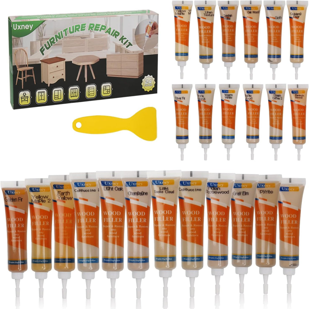 Wood Furniture Repair Kit,24 Colors Wood Fillers,Scratch Repair Covers & Removers for Repairing Scratches,Cracks,Dings and Holes in Cabinets, Cut Panels(Brown Series)