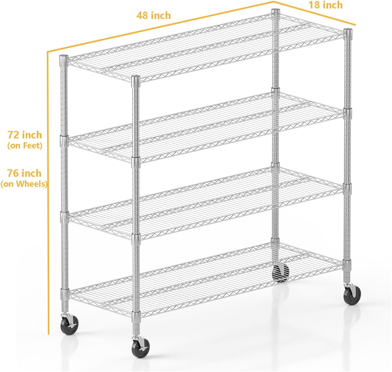 Himimi 72" H Storage Shelves 4 Tier Metal Shelving Adjustable Wire Shelf with Wheels, Heavy Duty Shelving for Garage Kitchen Pantry Bathroom Laundry,18" D*48" W*72" H, Silver
