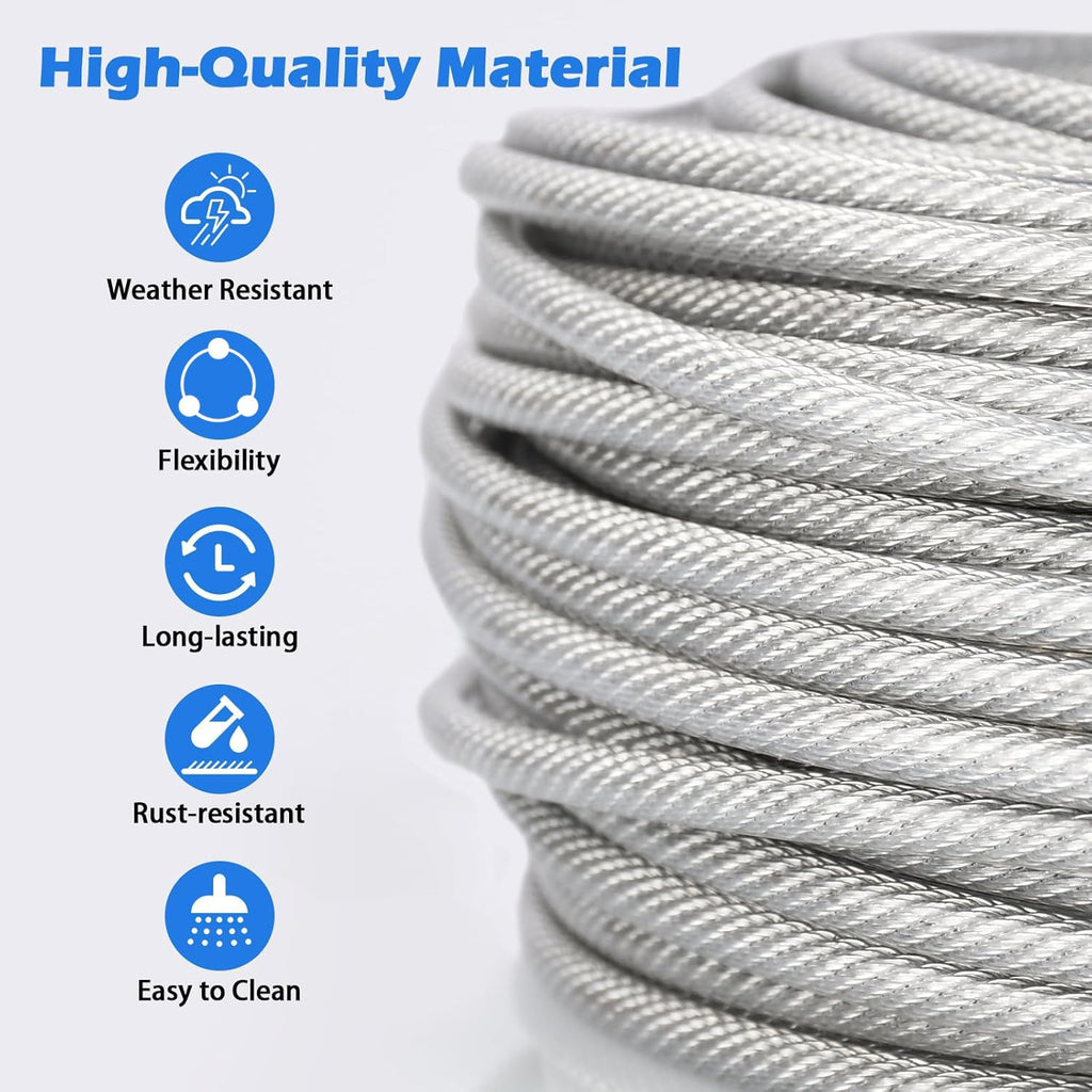 1/8" Wire Rope Kit, 100 Ft PVC Coated Steel Cable Guide Wire Tensioner Strainer Kit w/ 7×7 Strand Core Steel Wire for String Light Hanging Kit/Decking & Stair Railings/Shade Sails/Clothes Line