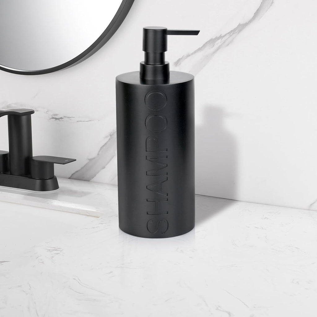 Matte Black Shampoo Dispenser Modern Refillable Pump Bottle with Embossed Text, Durable Resin Construction for Bathroom and Kitchen