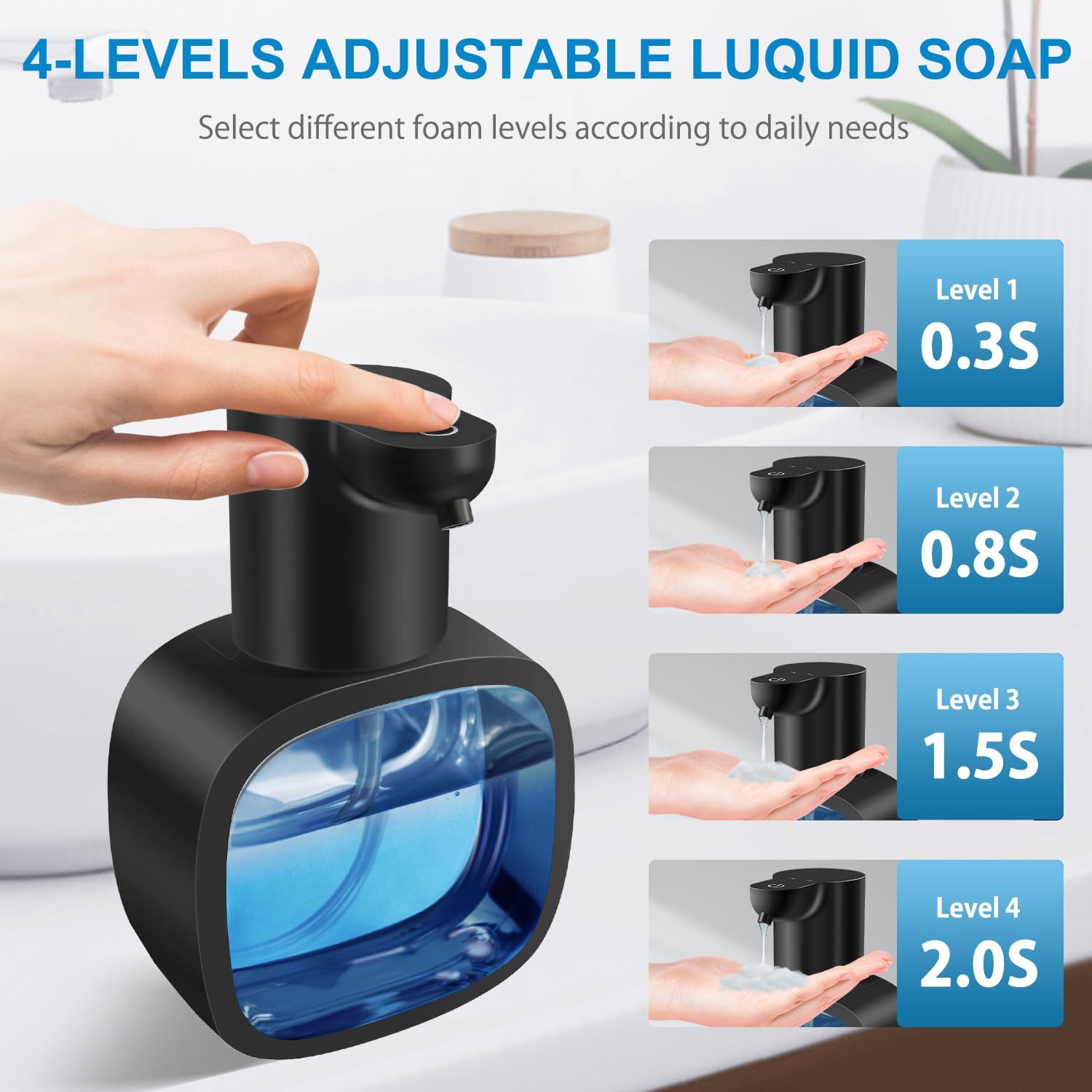 Automatic Liquid Soap Dispenser with 500ml /17oz Capacity, Touchless Soap Dispenser with 4 Level Adjustable, Rechargeable, Wall-Mounted, Waterproof for Kitchen, Bathroom, Hotel, Restaurant