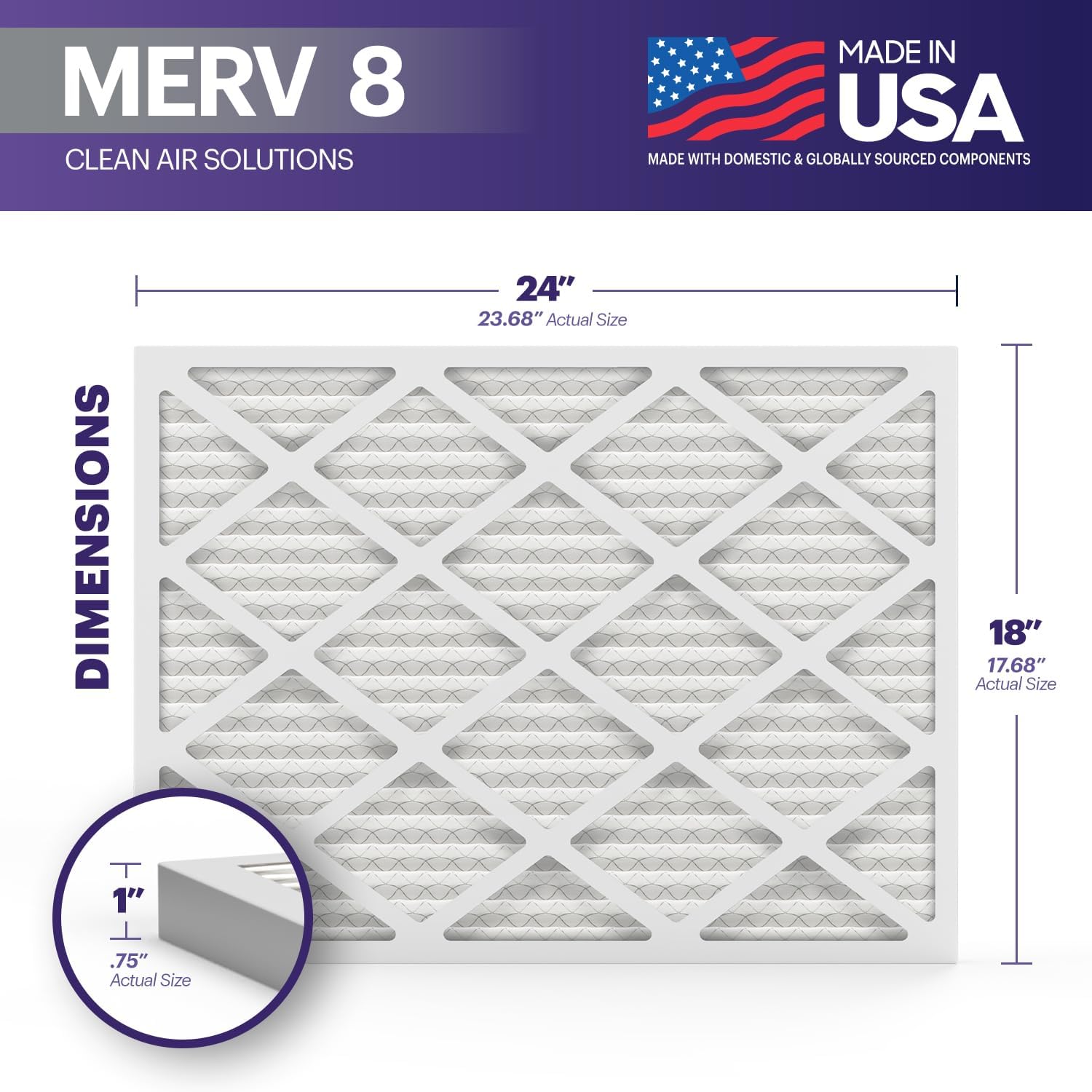 BNX TruFilter 18x24x1 Air Filter MERV 8 (6-Pack) - MADE IN USA – Dust & Pet Defense Electrostatic Pleated Air Conditioner HVAC AC Furnace Filters for Dust, Pet, Mold, Pollen MPR 600 – 700 & FPR 5