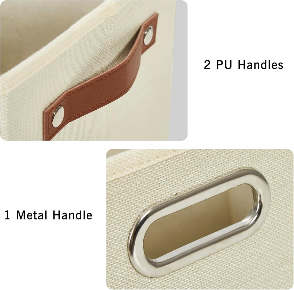 Large 3-Pack Foldable Fabric Storage Bins with Durable PU & Metal Handles, Collapsible Storage Baskets for Shelves, Home Storage, Closet Organizers, Living Room(14.9"x9.8"x9.8", Beige)