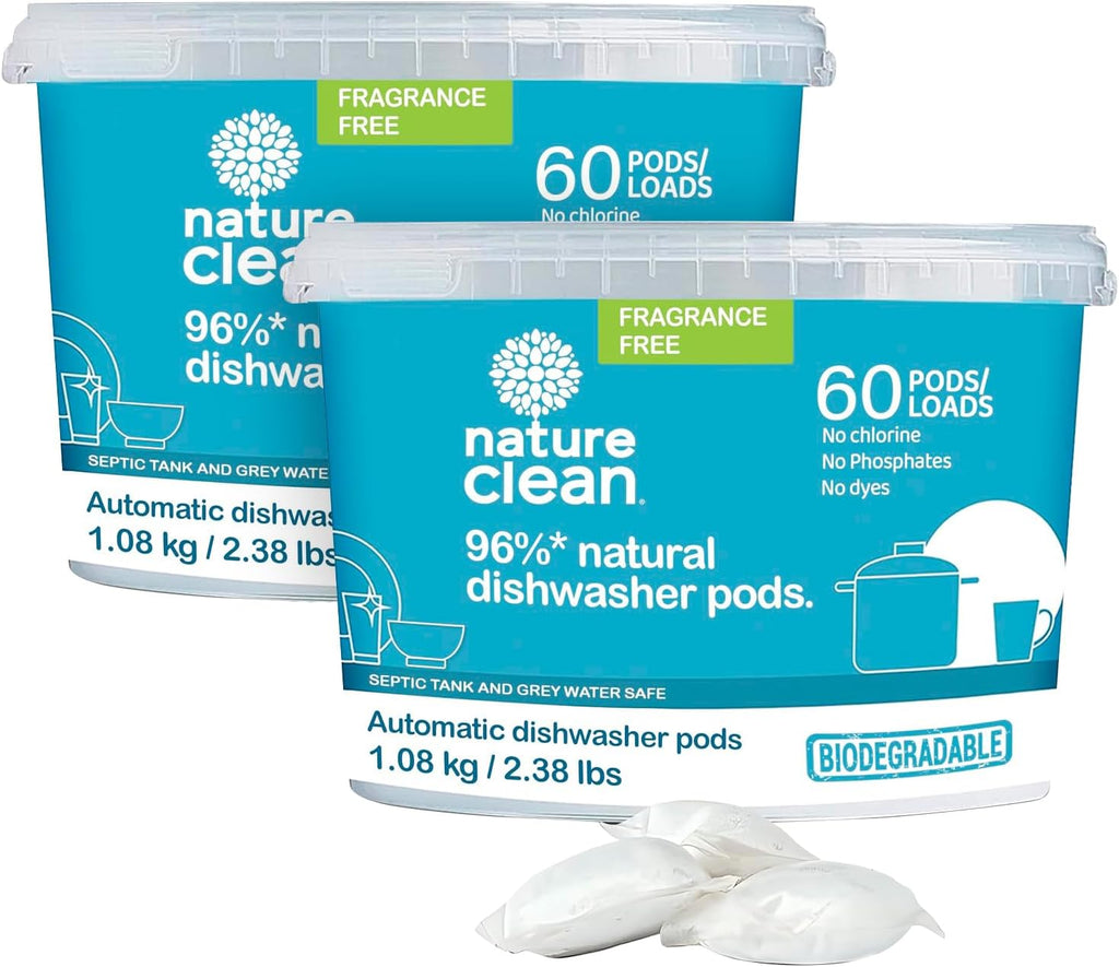 Nature Clean All Natural Dishwasher Pods, Plant-Based Non Toxic Dishwasher Detergent Pods, Dishwashing Pods Tough on Grease, Dish Pods for Dishwasher, Unscented Dishwasher Pods, 60 Count, Pack of 2