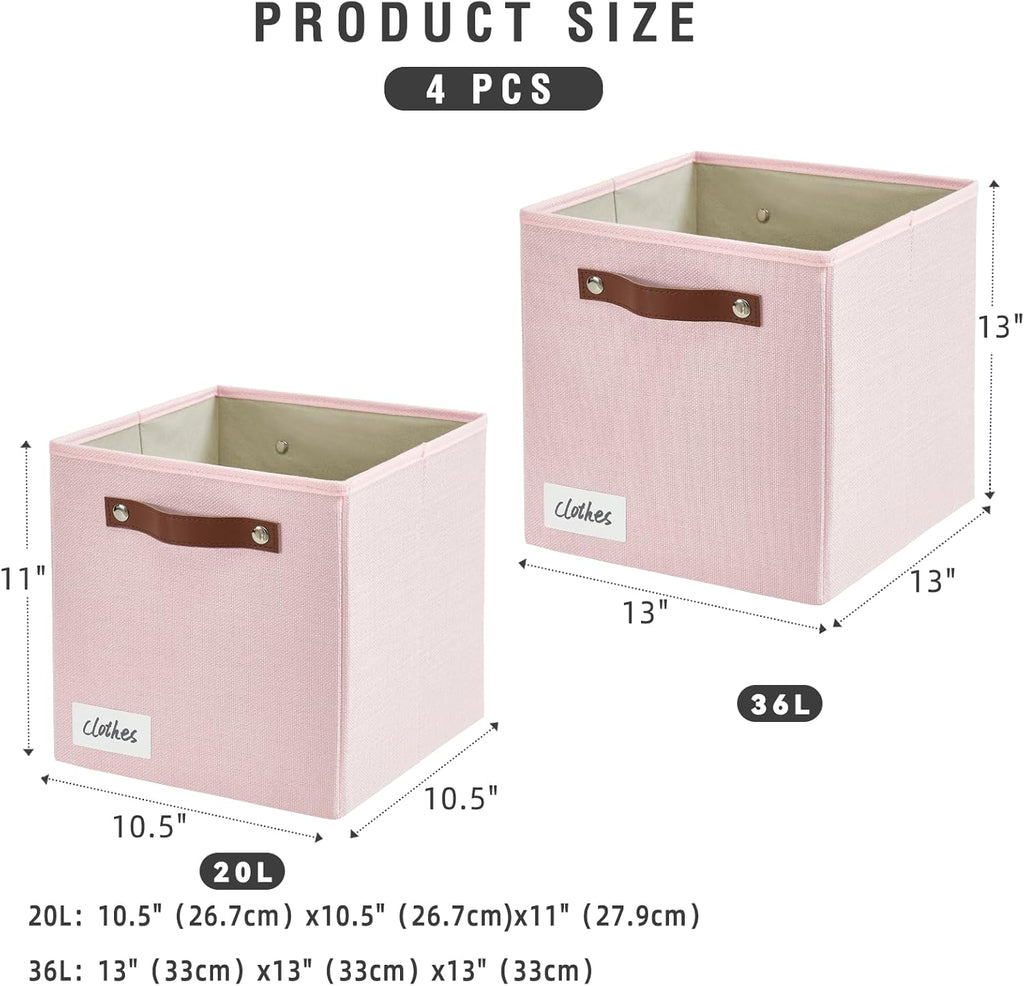 Collapsible Fabric Storage Cube Bins with 2 Reinforced PU Handles, Foldable Storage Organizer Baskets for Closet, Shelves, Living Room | 11"x11"x11", 4 Pack, Full Pink