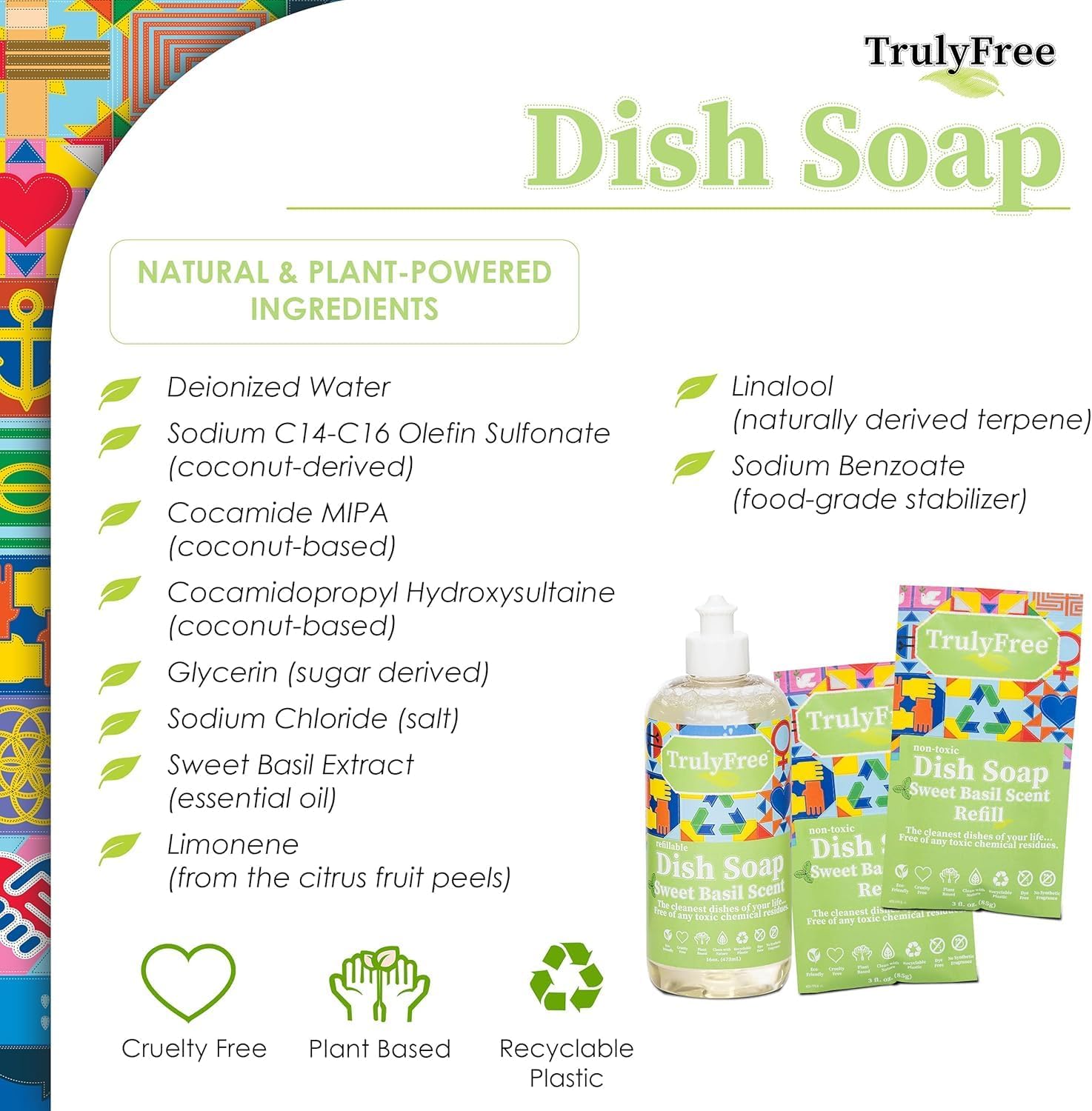 Truly Free Natural Concentrated Dish Detergent Dishwashing Liquid | Plant-Based Dish Soap | Sweet Basil Fresh Scent | Pack of 3