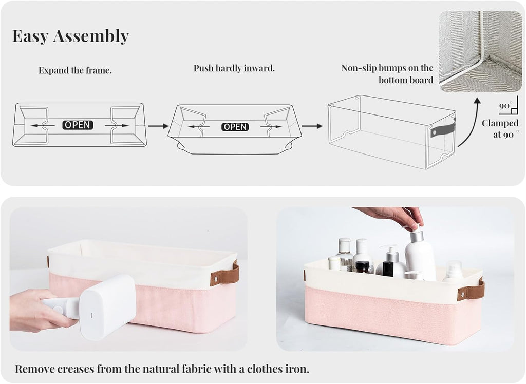 StorageWorks Narrow Storage Bins, Small Basket for Closet and Shelves, Fabric Organizer with Handles, Toilet Paper Storage, Pink and White, 2-Pack