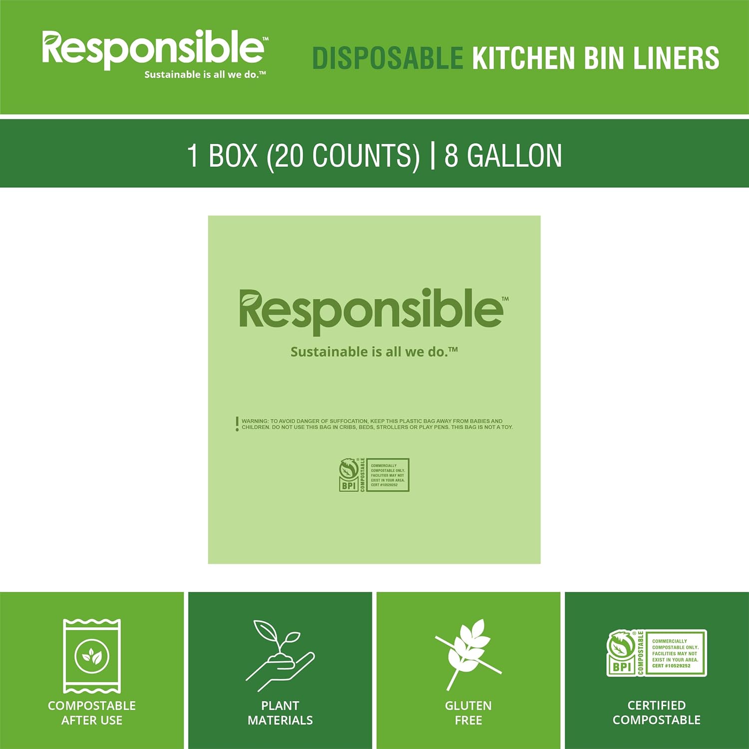 Responsible Products Kitchen Bin Liners, Certified Compostable, Heavy Duty Multipurpose Food Scrap Bags, Made from Compostable Materials (8 Gallon, 8 Gallon (20 Count))