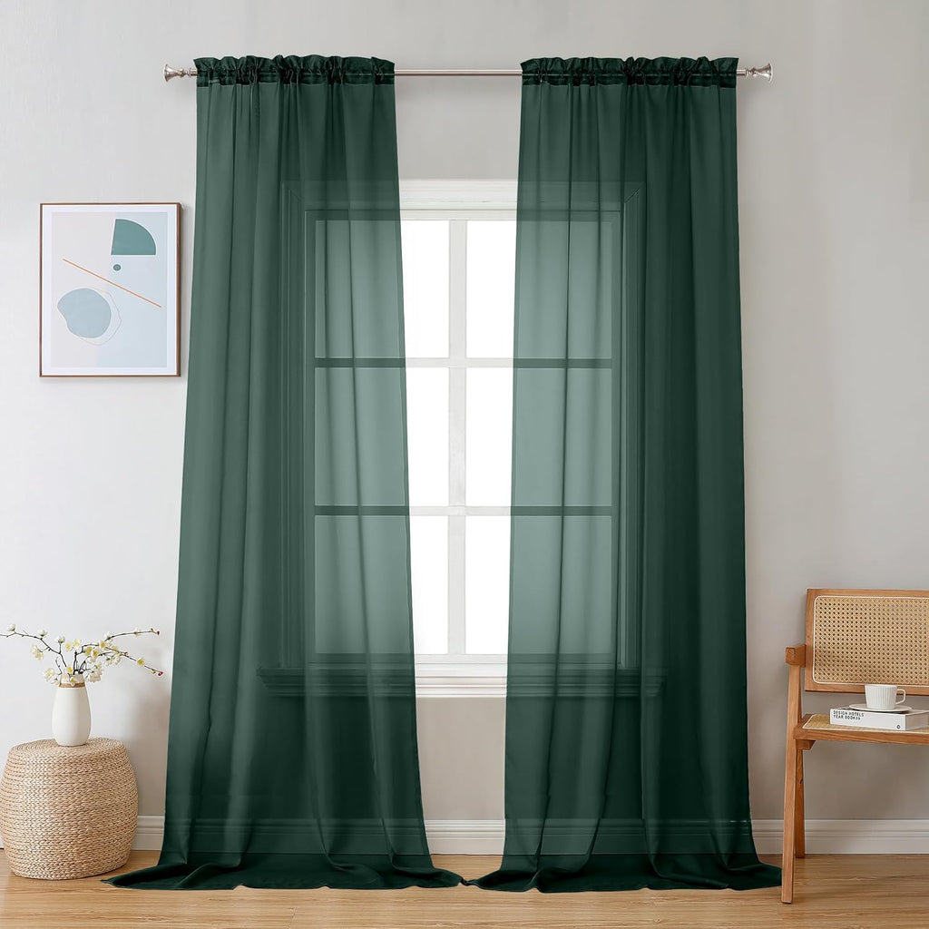 Chyhomenyc Hunter Green Sheer Curtains 96 inches Long 2 Panels, Light Filtering Soft Airy Solid Elegant Voile Window Treatment Drapes for Bedroom Living Room Wedding Party Decor, 42 Wx96 L, 8FT L