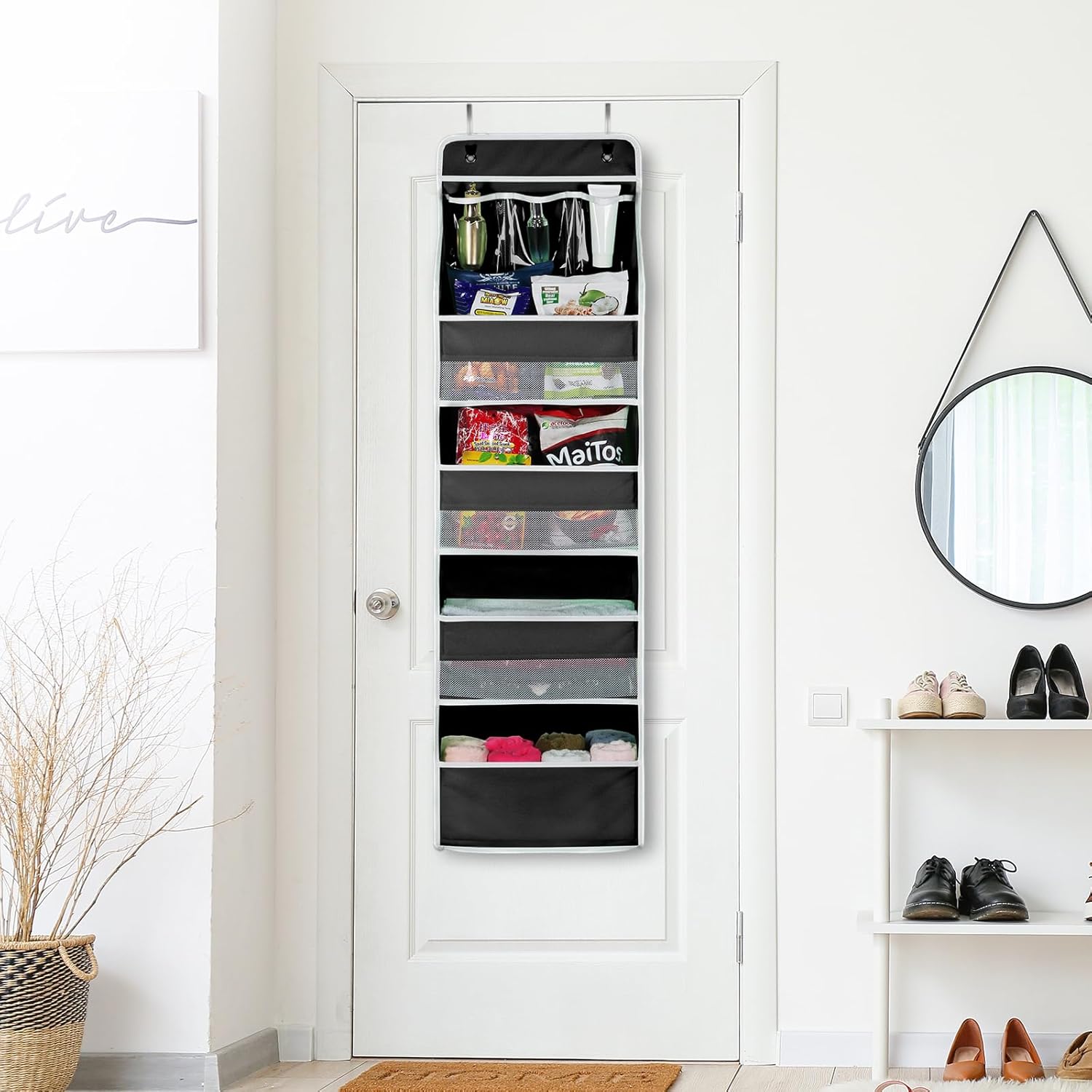 Univivi 5-Shelf Fabric Door Storage Over Door Hanging Organizer with 4 Large Pockets and 3 Small PVC Pockets Nursery Closet Cabinet Wall Mount Hanging Storage Organizers for Baby Nursery (Black)