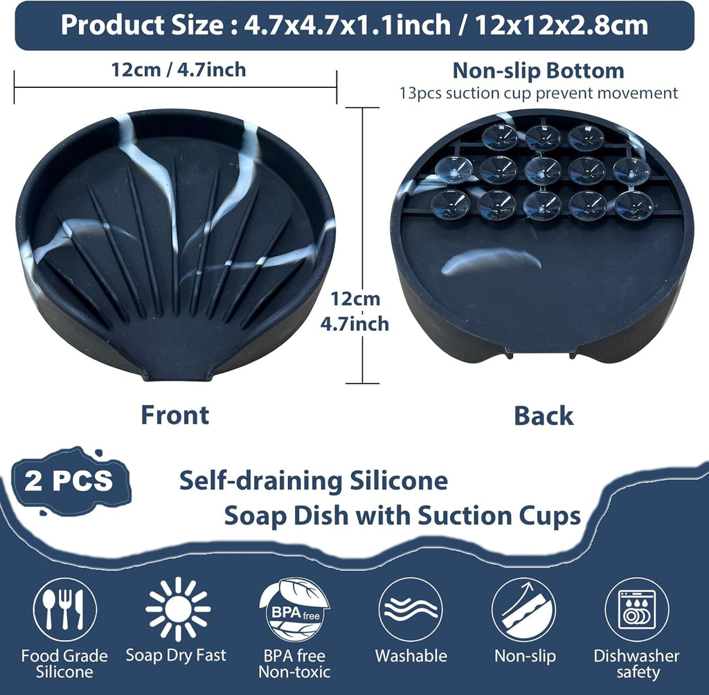 Self Draining Soap Dish, Silicone Suction Cup Soap Holder Tray Savers Container Sponge Holder for Bar Bathroom Shower Kitchen Sink, Can Extend Soap Life (1, Marble)
