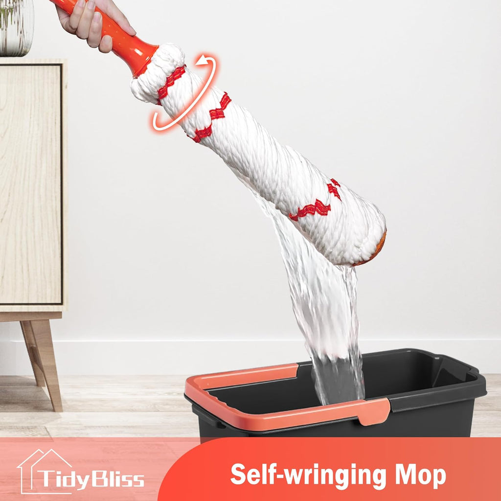 Self Wringing Twist Mop for Floor Cleaning, 57.5 inches Long Handle Cotton String Mop with Wringer, Washable Microfiber Wet Mop with Scouring Pad for Hardwood, Tile, Bathtub, Kitchen