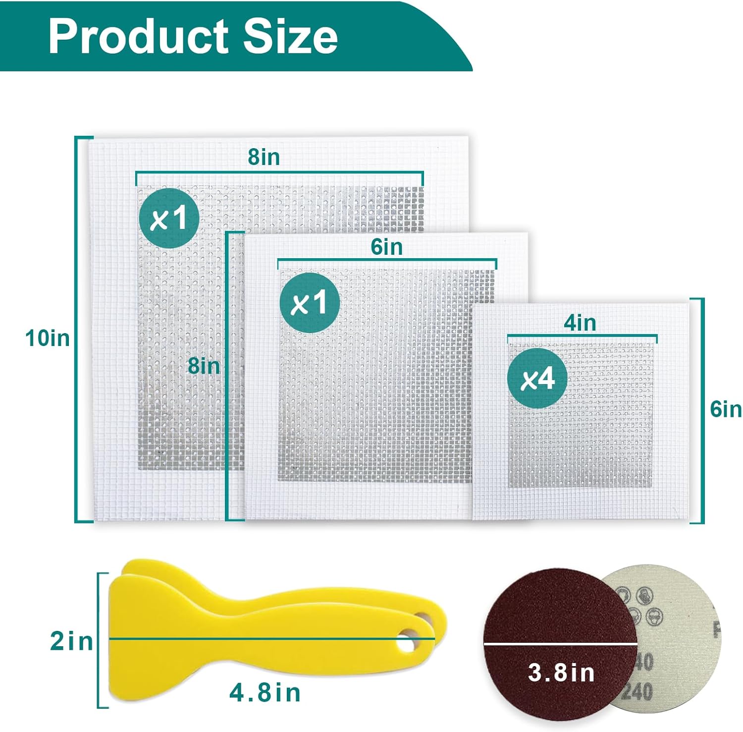 10 Pack Drywall Repair Kit for Large Holes, 4/6/8 Inch Dry Wall Patch Kits for Erase a Small Nail Hole, Plaster Wall Patching Self Adhesive Aluminum Mesh with Scraper and Sandpaper