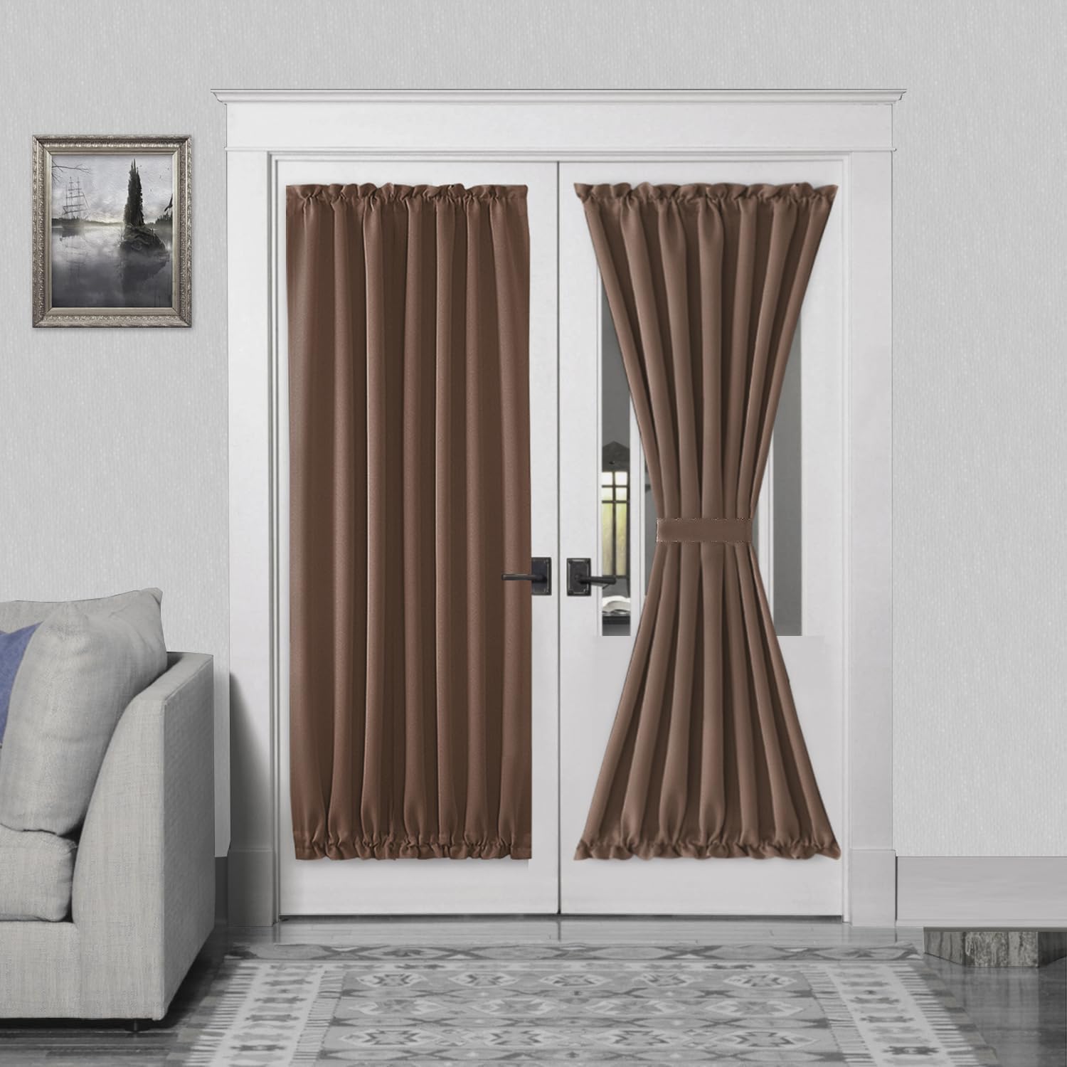 DWCN French Door Curtains – Rod Pocket Thermal Blackout Curtain for Doors with Glass Window, Kitchen and Patio Doors for Privacy, 54 X 72 Inches Long, 1 Curtain Panel with Tieback，Khaki