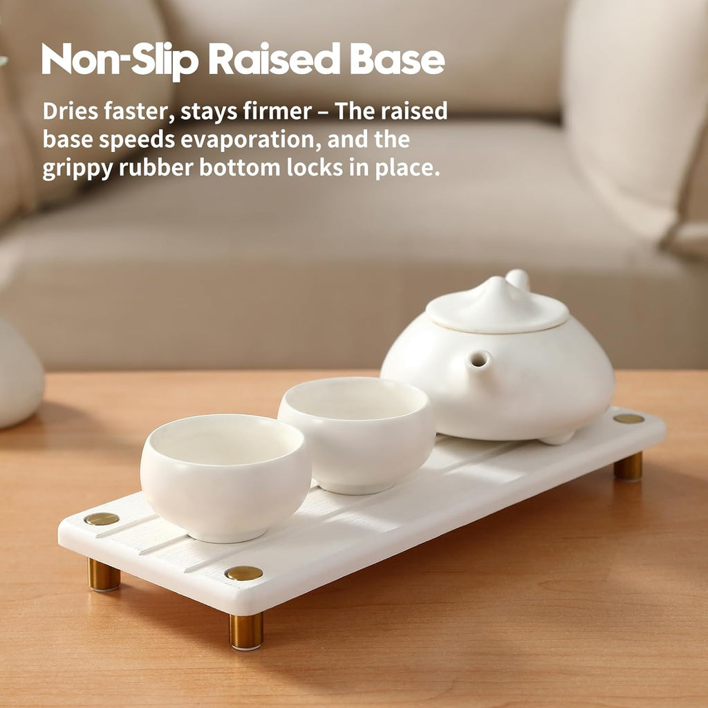 Instant Dry Sink Caddy Kitchen Sink Organizer, Quick Drying Diatomaceous Earth Stone Sink Tray Sponge Holder Soap Dish, Bathroom Countertop Vanity Dispenser Toothbrush, Gold White, 10" x 4"