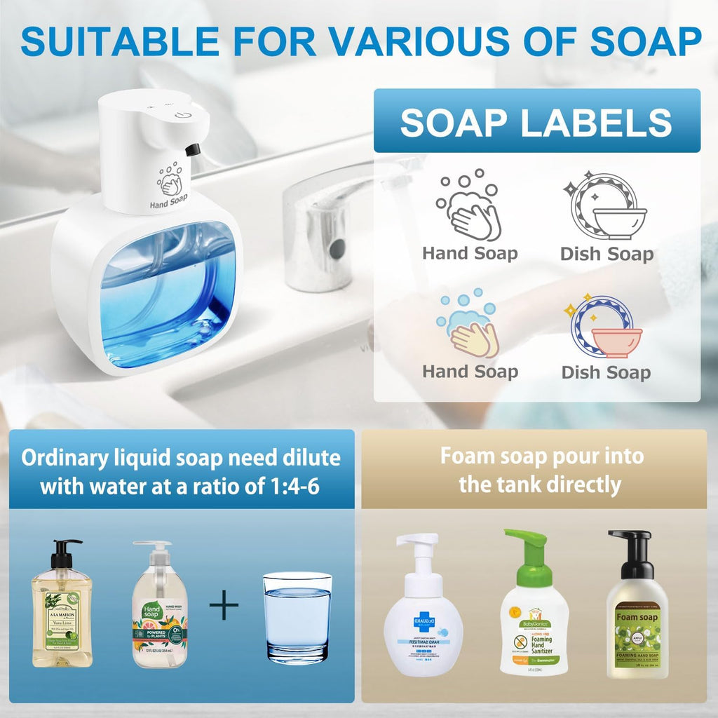 Automatic Foaming Soap Dispenser with 500ml/17oz Capacity, Touchless Soap Dispenser with 4 Level Adjustable, Rechargeable, Wall-Mounted, Waterproof for Kitchen, Bathroom, Hotel, Restaurant