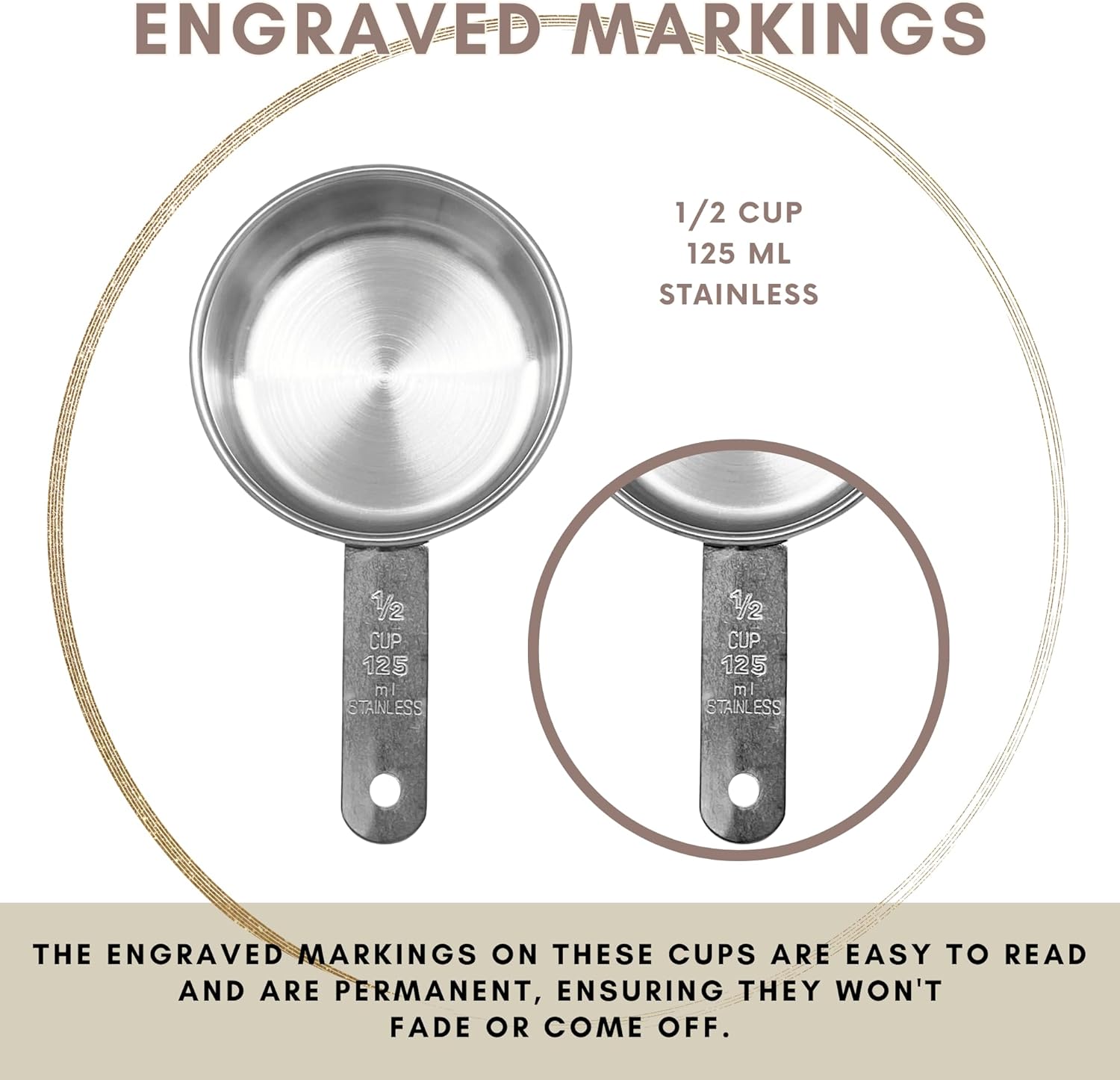 1/2 Cup Stainless Steel Measuring Cup | Sturdy Metal 125 ml | 125 cc | 4 oz | Single Cup for Wet and Dry Ingredients | Great for use as 1/2 Cup Dog Food Scoop - 12 PK