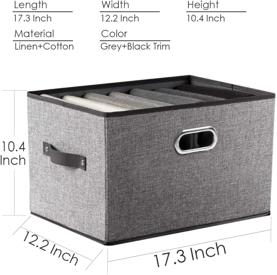 PRANDOM Larger Collapsible Storage Bins for Closet [3-pack] Decorative Linen Fabric Storage Baskets Cubes with Leather/Metal Handles for Living Room Cloth Grey and Black Trim (17.3x12.2x10.4 Inch)