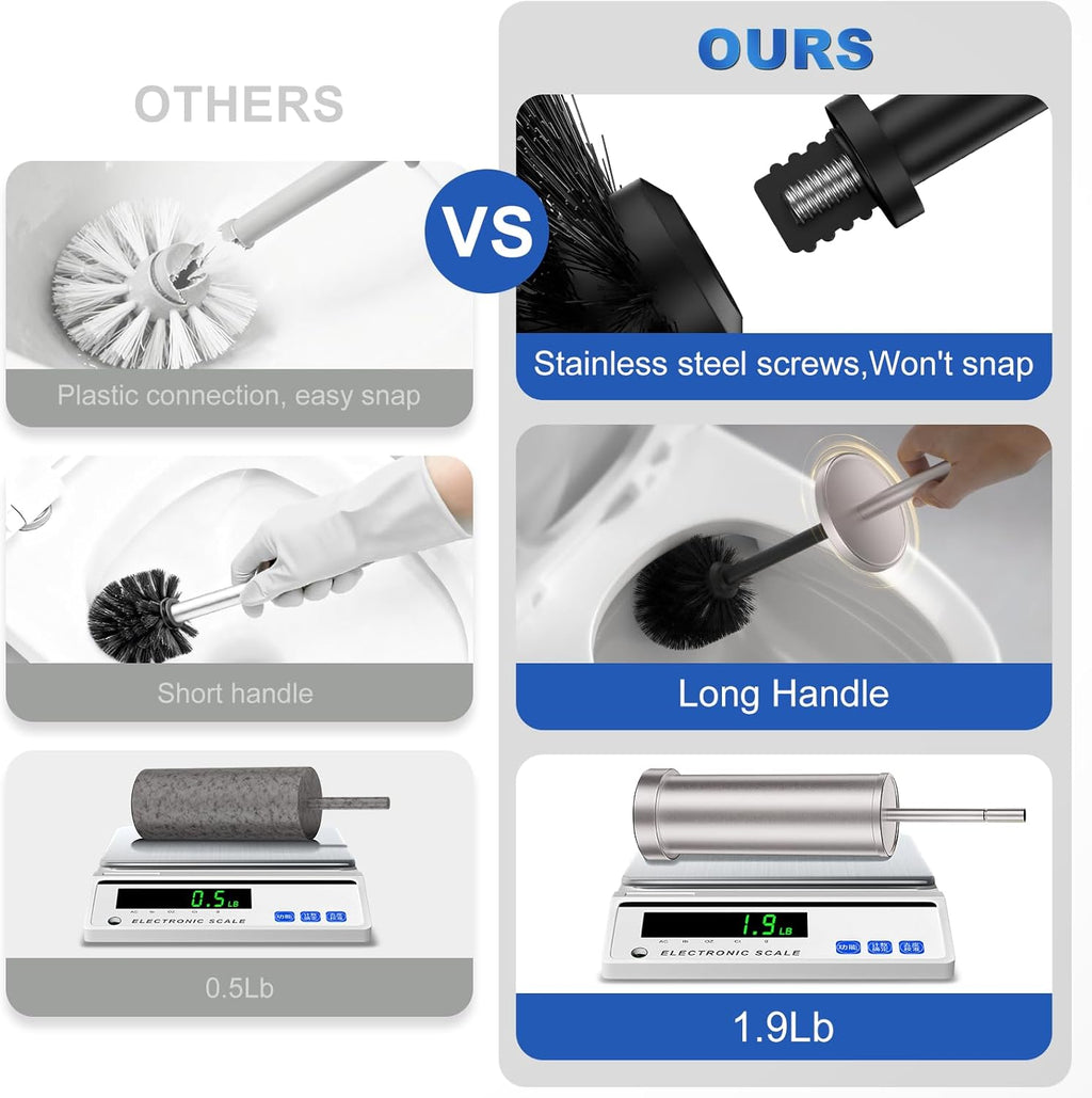 Brushed Nickel Toilet Brush and Holder Set, 304 Stainless Steel Toilet Brush for Bathroom, Heavy Duty Toilet Bowl Brush with Holder, Removable Inner Bowl and Splash Protection, Long Handle