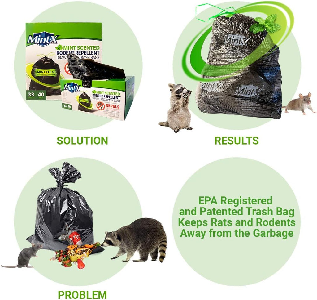 Mint-X Rodent Repellent Outdoor Home and Industrial Trash Bags with Drawstring & Mint-Flex Technology; 33 Gallon, 40 Count, Black