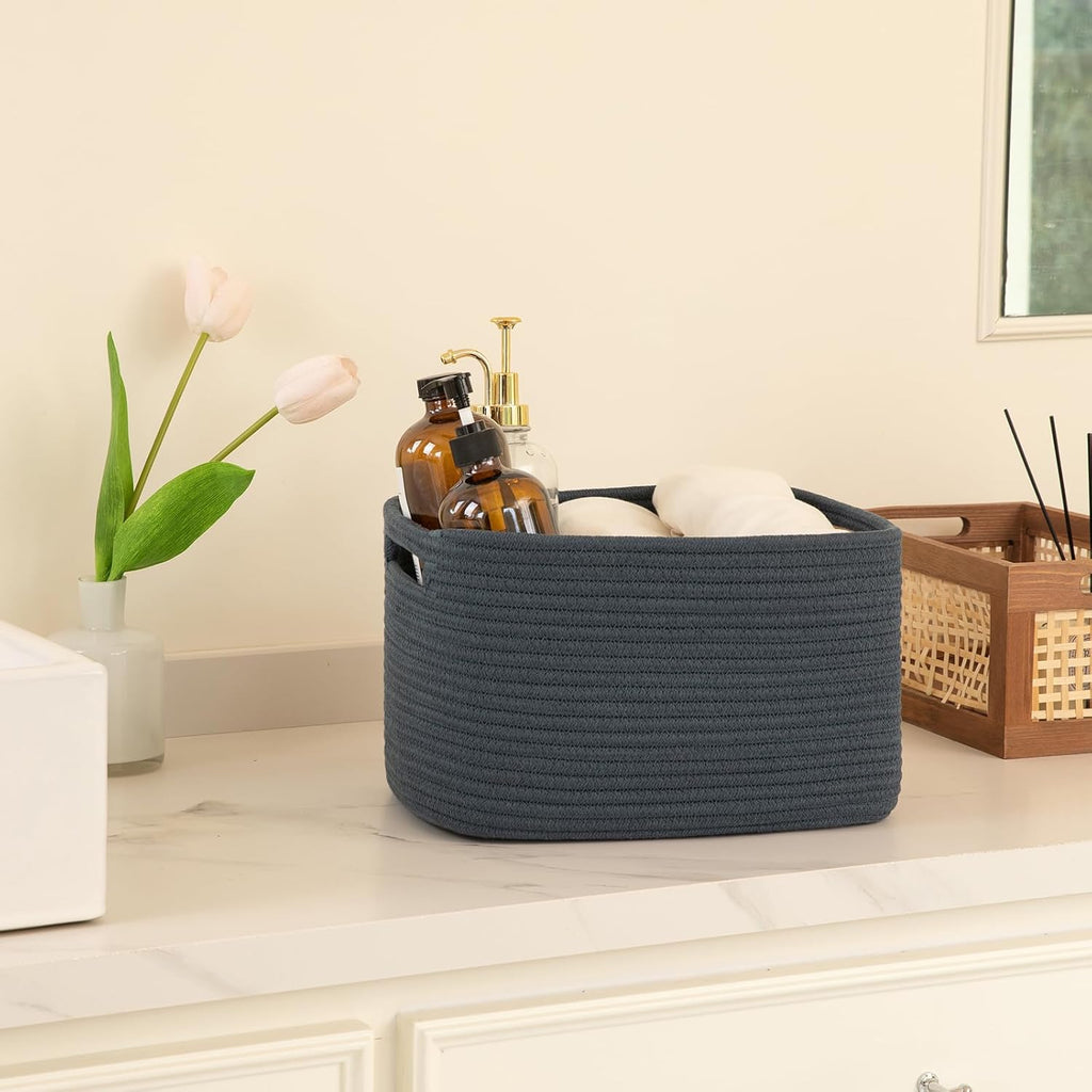 OIAHOMY 4 Pack Storage Baskets for Organizing, Cube Storage Bins for Shelves, Rectangle Storage Baskets With Handles, Woven Baskets for Storage, 12.7''Lx9''Wx7.8''H, Blue