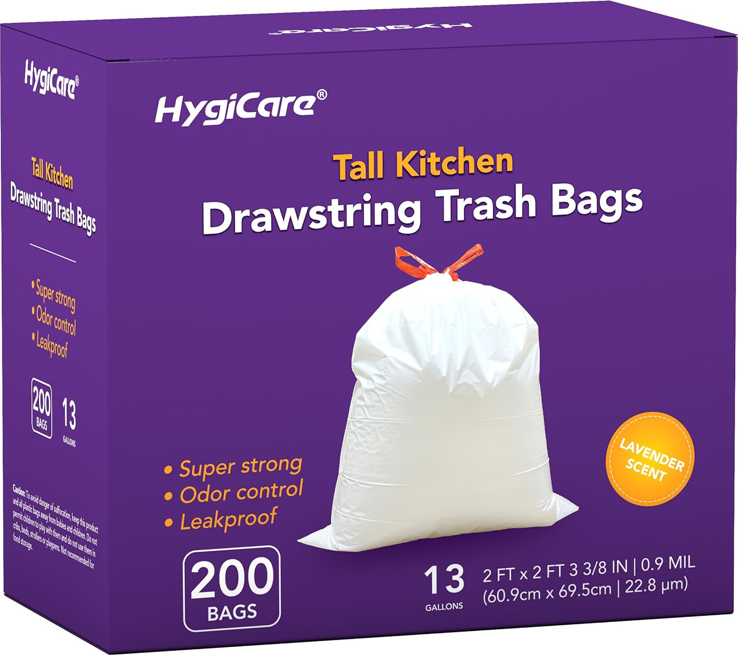 13 Gallon Tall Kichen Trash Bags, Lavender Scented 200 Count Drawstring Garbage Bags, Pre-Separated, Odor Control, Ultra Strong, Leakproof, Sturdy, White