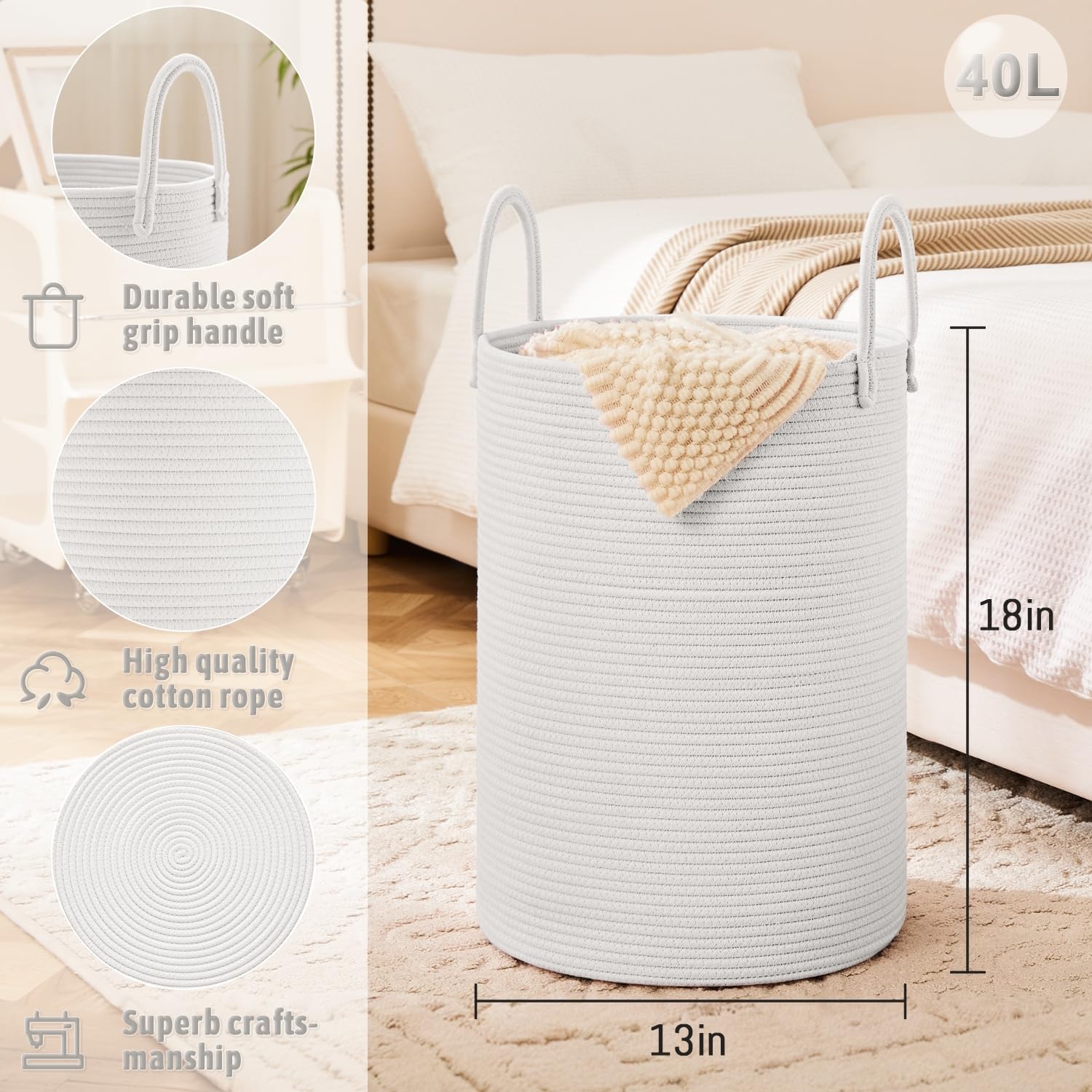 Laundry Basket,Woven Cotton Rope Laundry Hamper,40L for Decorative Storage of Dirty Clothes,Toys and Blankets in Bathroom,Baby Room and Living Room