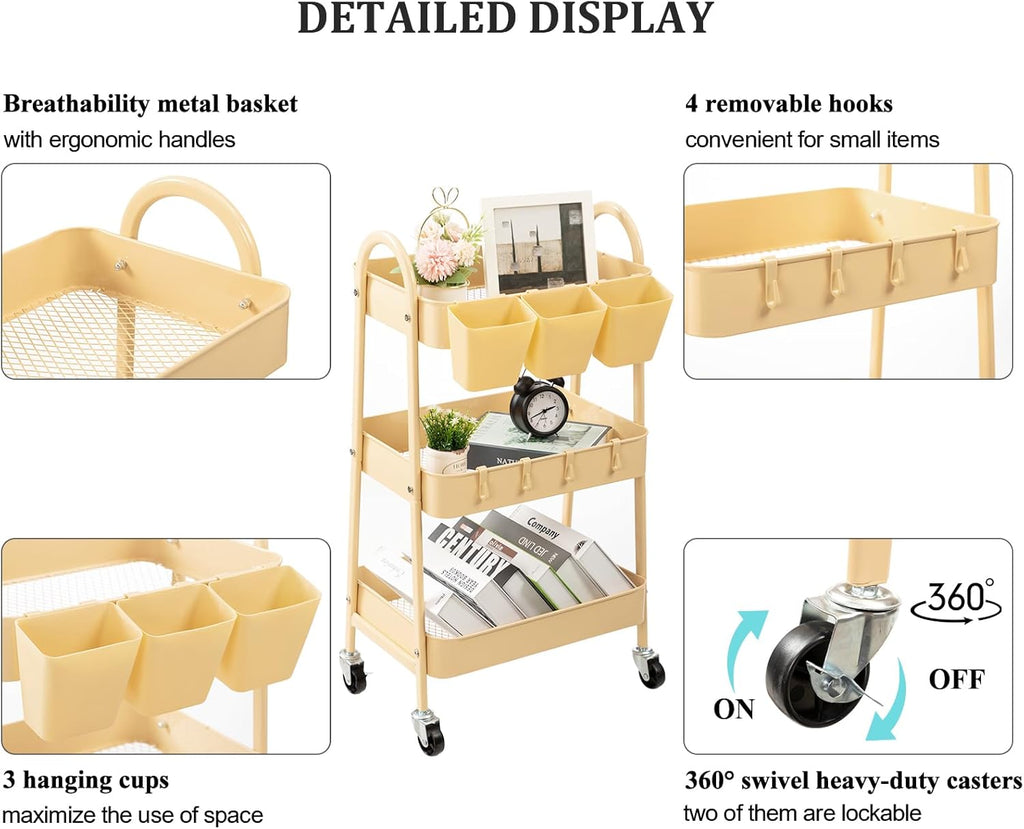 danpinera 3-Tier Rolling Cart, Metal Rolling Storage Cart with Lockable Wheels & Hanging Cups & Hooks, Mobile Trolley for Kitchen, Bathroom, Office, Workshop, Yellow