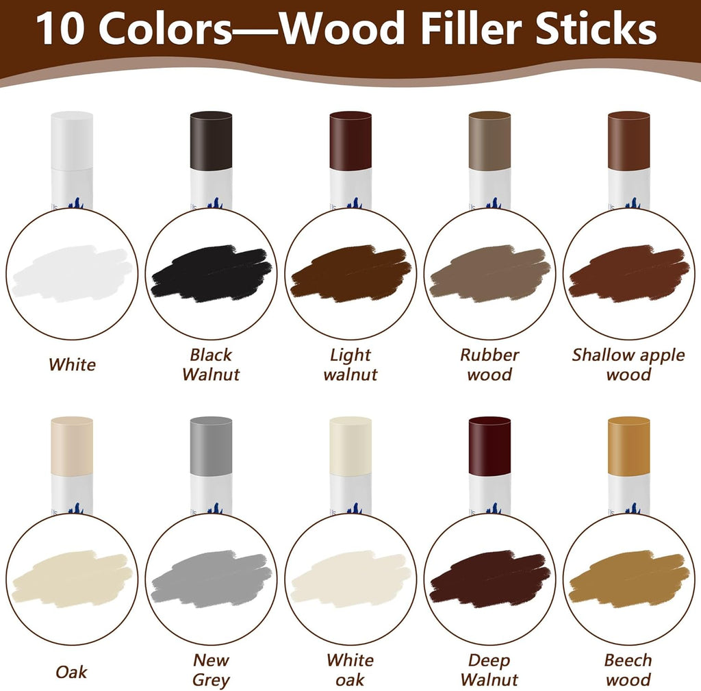 Wood Filler Sticks with 1P Box, 1P Knife, 1P Scraper and 1P Rag, Pletpet 10 Colors Furniture Crayon Touch Up Wood Filler Nail Hole Wax Sticks for Repairing Scratches and Nail Holes (10p)