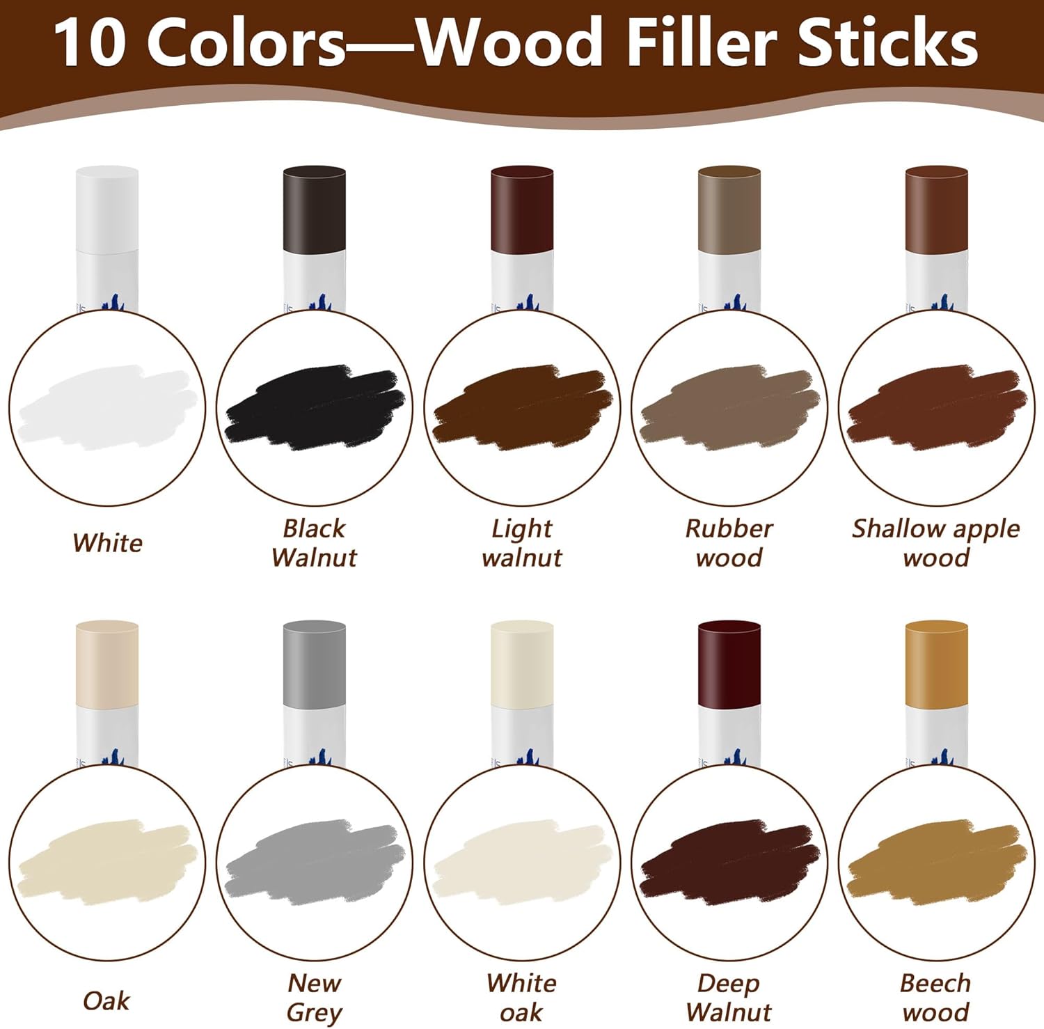 Wood Filler Sticks with 1P Box, 1P Knife, 1P Scraper and 1P Rag, Pletpet 10 Colors Furniture Crayon Touch Up Wood Filler Nail Hole Wax Sticks for Repairing Scratches and Nail Holes (10p)