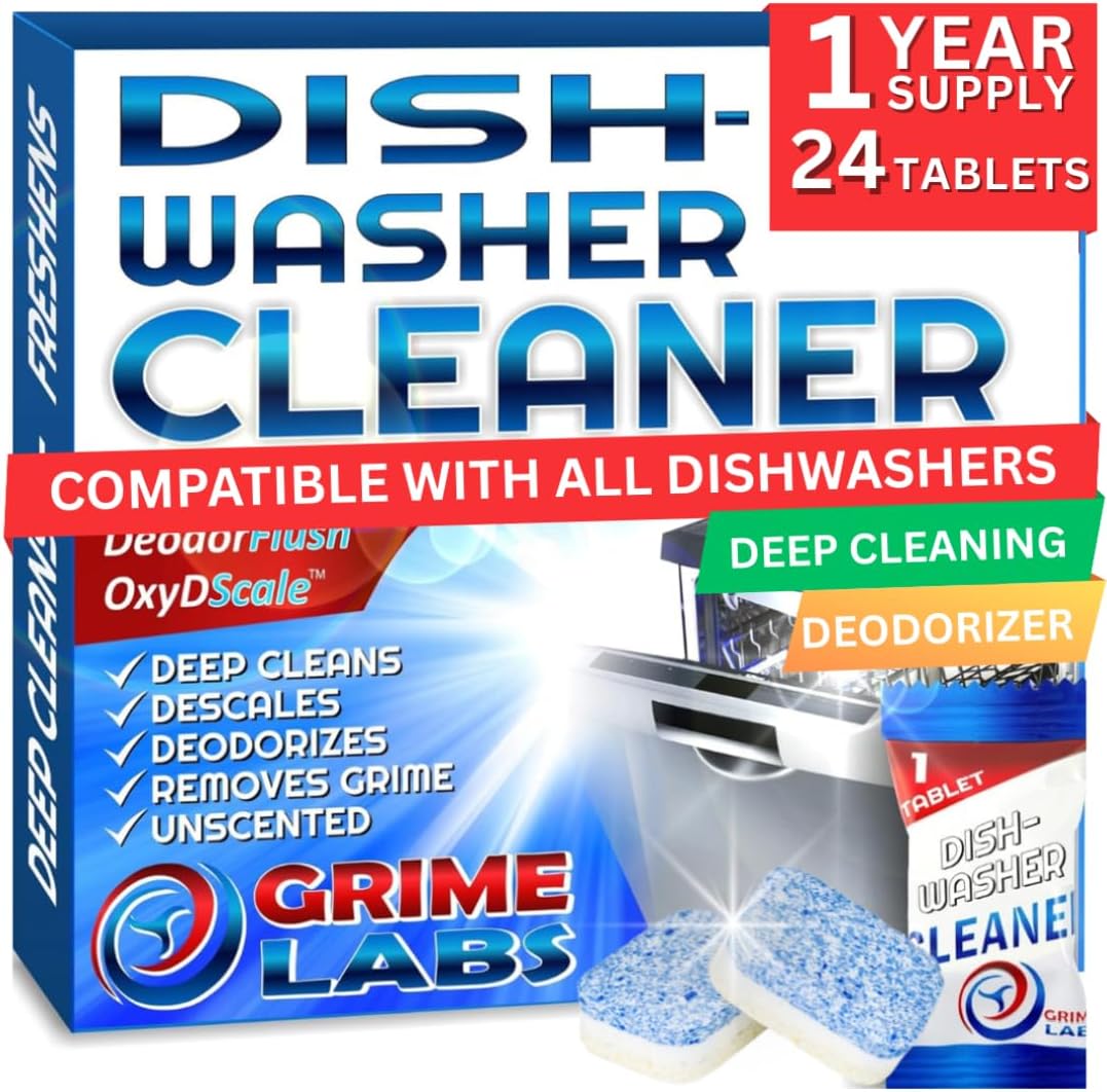 Dishwasher Cleaner Deodorizer Descaler Tablets, 24 pack Heavy Duty Deep Clean and Natural Limescale Remover, Dish Washer Cleaner Machine Pods, 12 Months Supply