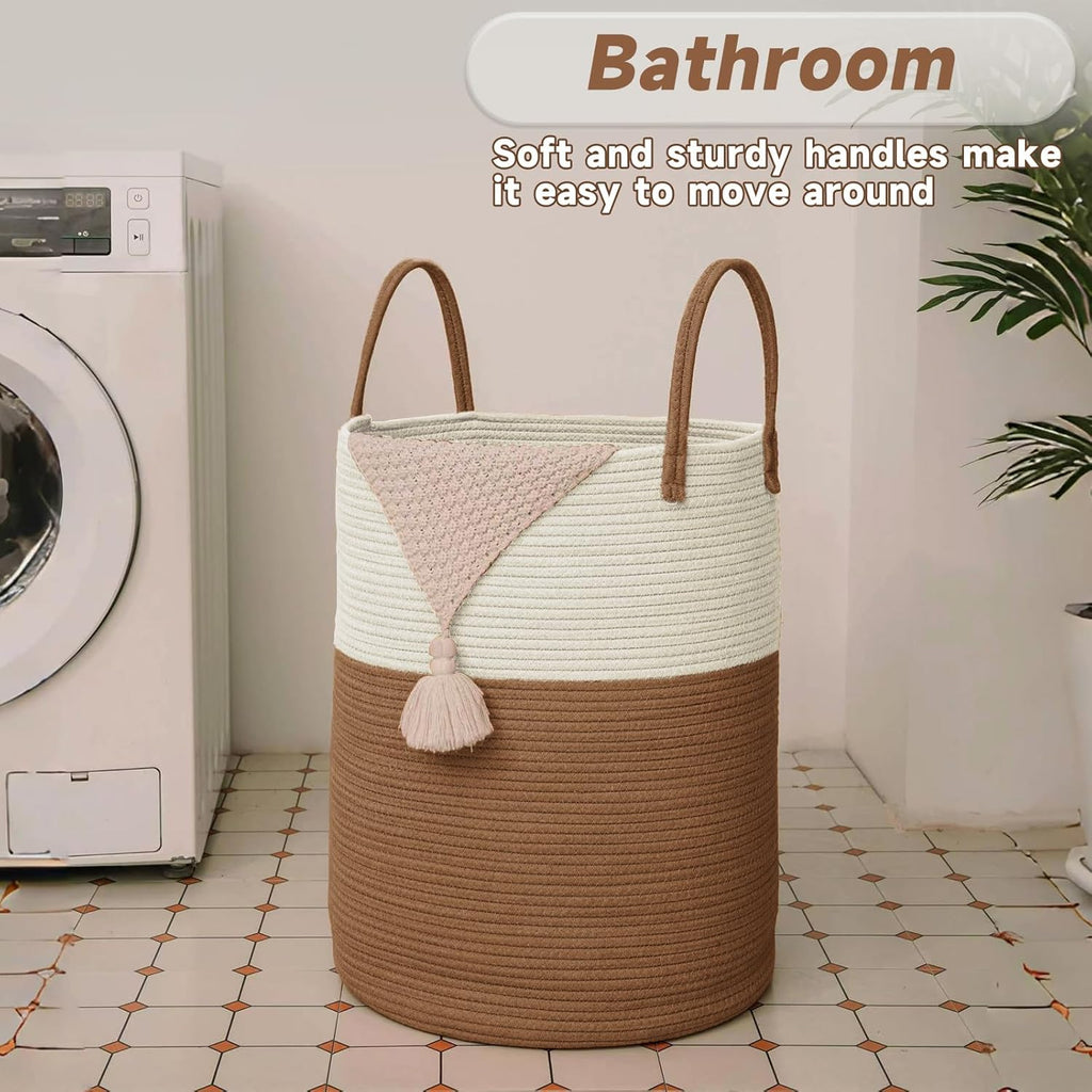 Large Woven Laundry Basket Hamper,100L Cotton Rope Storage Bin for Blankets,Toys and Clothes,Decorative Tall Nursery Hamper for Living Room,Baby Nursery,Bathroom and Bedroom,White and Brown