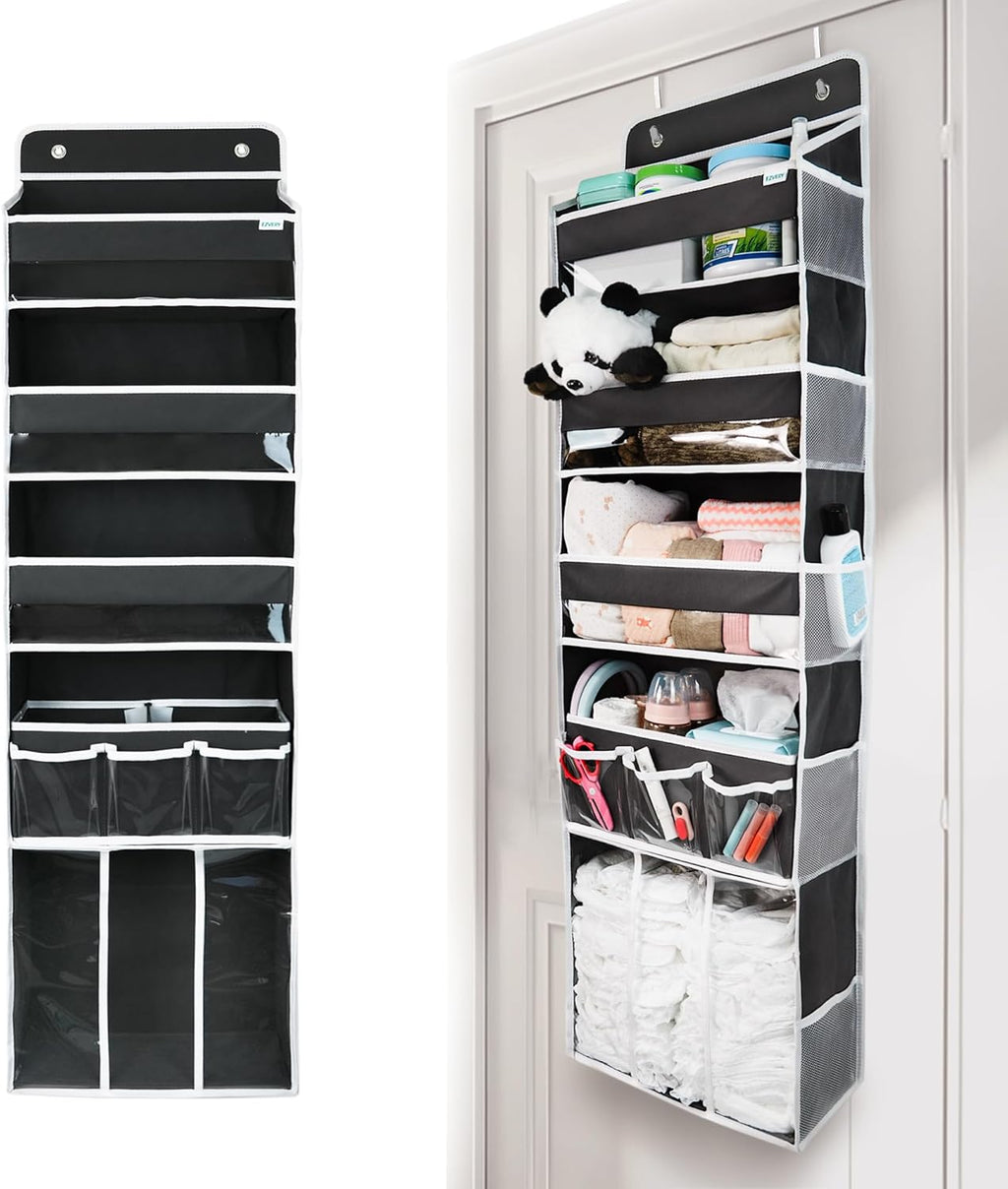Door Hanging Storage Organizer,with 3 Bins 1 Movable Baby Diaper Caddy,1 Large capacity diaper stacking storage Organizer,10 Side Pockets ,Bedroom Door Storage for Nursery Baby Essentials. (Dark grey)