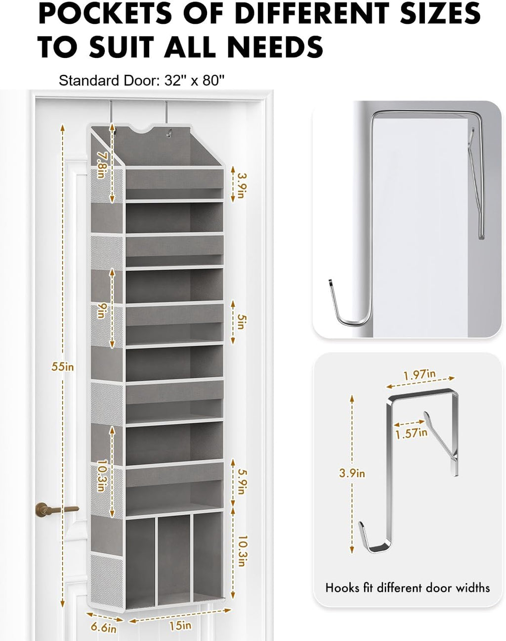 Over The Door Organizer Hanging - 6 Shelf Over Door Organizers with 6 Clear Front & 12 Side Pockets - Swing-proof 50LB Load Behind Door Storage for Closet Bedroom Bathroom Nursery Baby Essentials