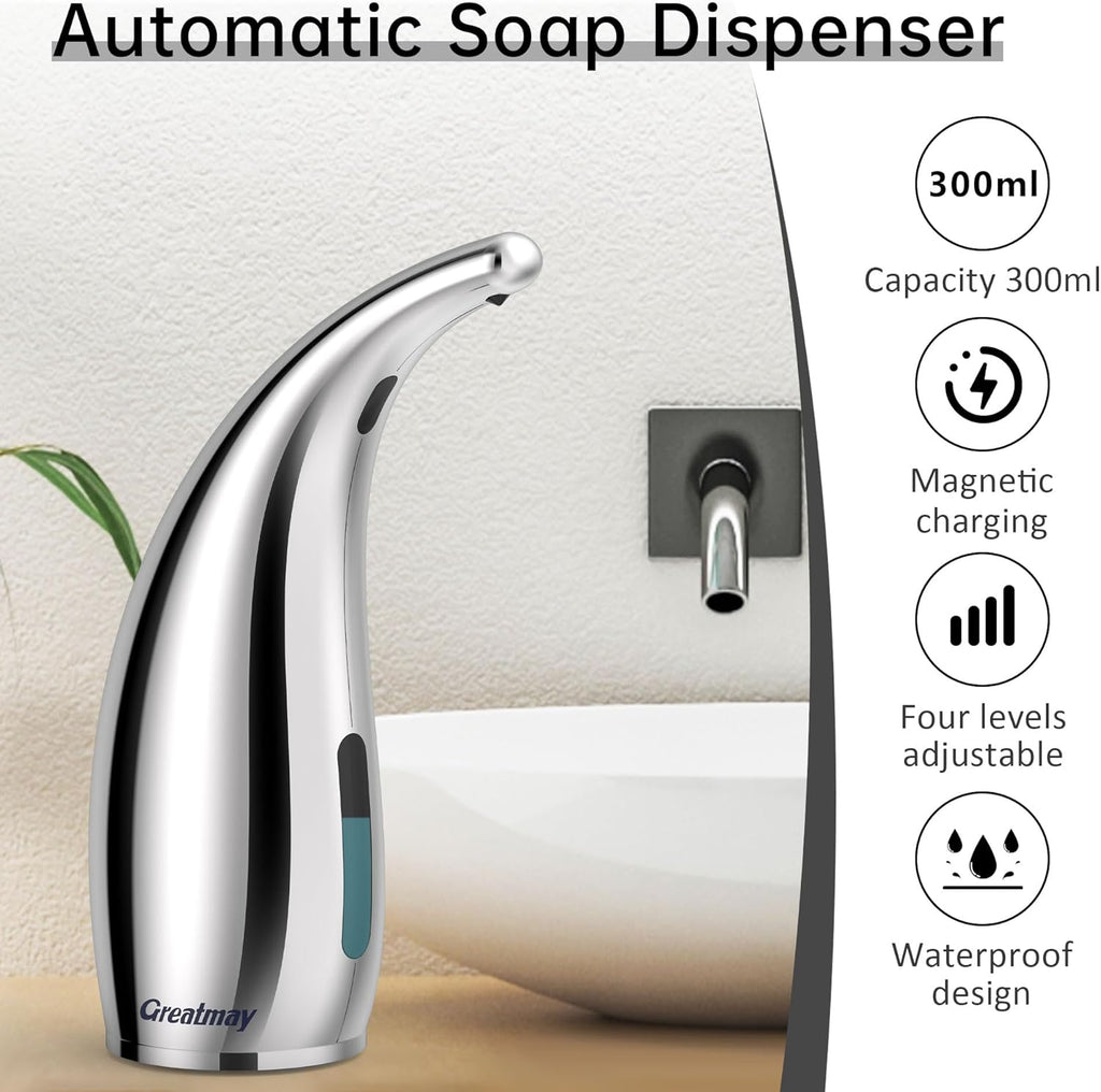 Adjustable Automatic Soap Dispenser Touchless, 4 Adjustable Levels Touchless Sensor Liquid Soap Pump Dispenser，300ml Rechargeable Magnetic Charging Hand Soap Dispenser for Kitchen，Bathroom