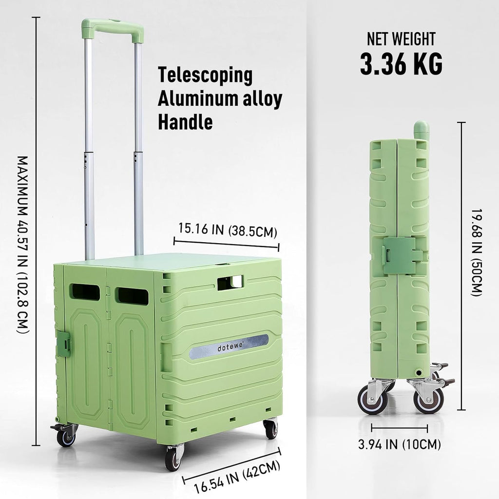 Folding Utility Cart Portable Rolling Crate Handcart Foldable Shopping Trolley Collapsible, with Lid, on Wheels, for Grocery, Garden, Office, Storage, Teacher, Tool (Green)