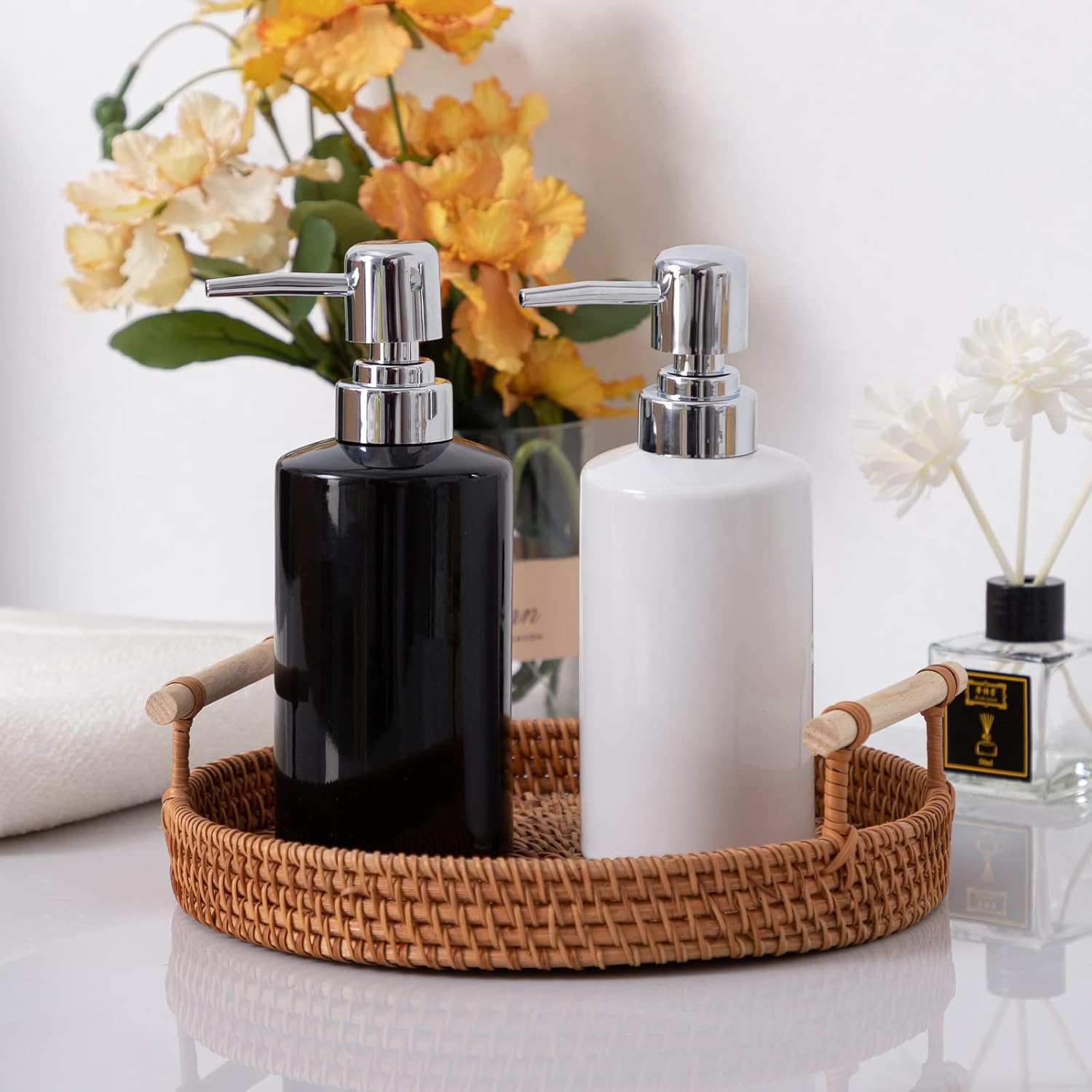 FE Soap Dispenser, 300ml/10oz Ceramic Liquid Soap Pump Dispenser, Refillable Dish Soap Dispenser for Kitchen Bathroom Washroom (White, 2 Pack)