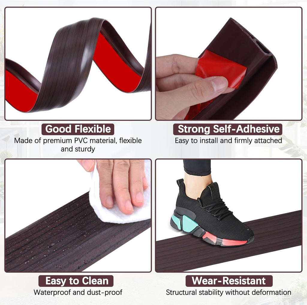 Vinyl Door Threshold Flooring Transition Strip Self Adhesive Carpet Edging Strip for Laminate Doorway Edge Threshold from 2/5" to 3/5" (Black Walnut Wood Grain, 6.6 Ft)