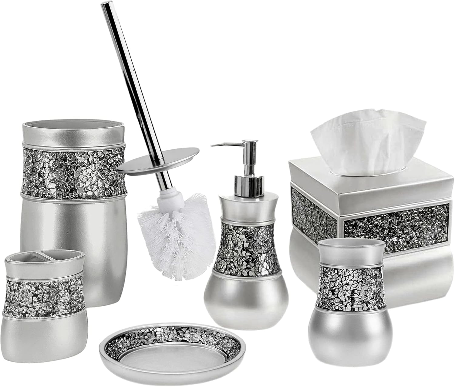 Crackled Glass Toilet Brush with Holder - Silver Toilet Bowl Cleaner Brush and Holder - Good Grip, Deep Cleaning, Decorative Design Compact Toilet Bowl Scrubber