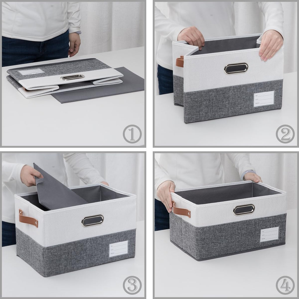 PRANDOM Foldable Storage Bins with Handles [3-Pack] Fabric Collapsible Storage Boxes Baskets Cubes Containers with Handles for Closet Living Room Bedroom (Grey & White 14.9x9.8x8.3'')