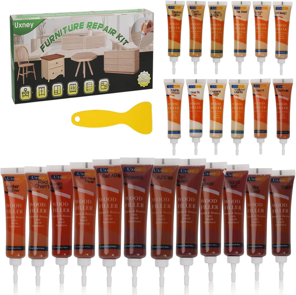 Wood Furniture Repair Kit,24 Colors Wood Fillers,Scratch Repair Covers & Removers for Repairing Scratches,Cracks,Dings and Holes in Cabinets, Cut Panels(Red Series)