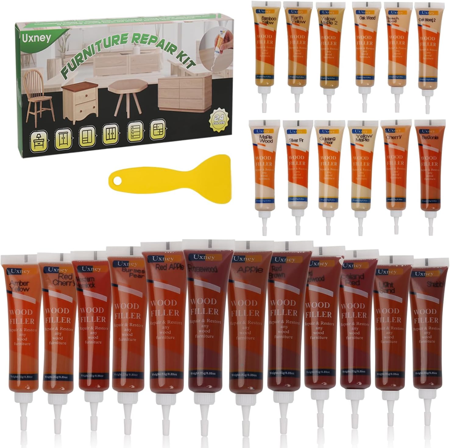 Wood Furniture Repair Kit,24 Colors Wood Fillers,Scratch Repair Covers & Removers for Repairing Scratches,Cracks,Dings and Holes in Cabinets, Cut Panels(Red Series)