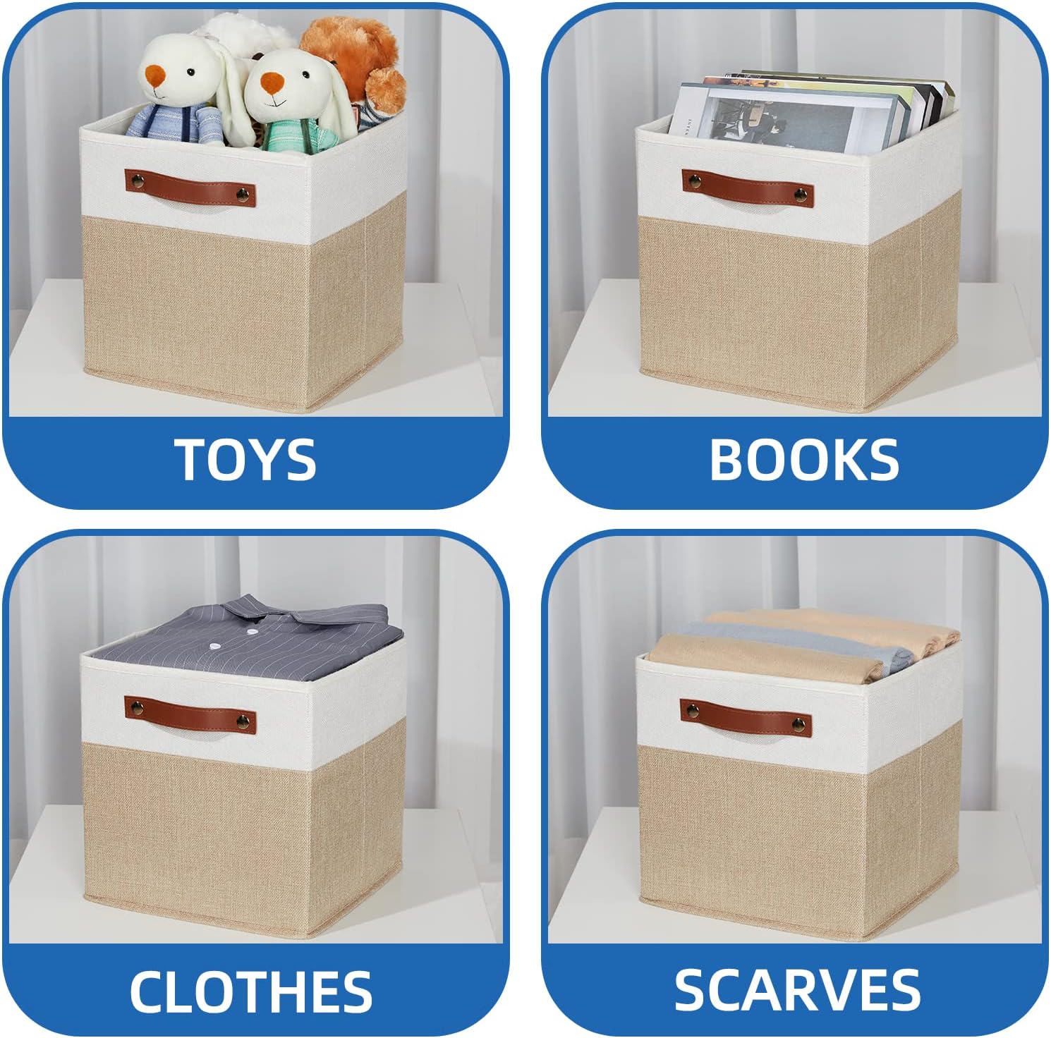 Temary Fabric Storage Cubes Bins, 11 inch Cube Storage Baskets, Foldable Cube Bins Set with Handles, Decorative Storage Boxes for Home Organizing (White & Khaki, 11 x 11 x 11)
