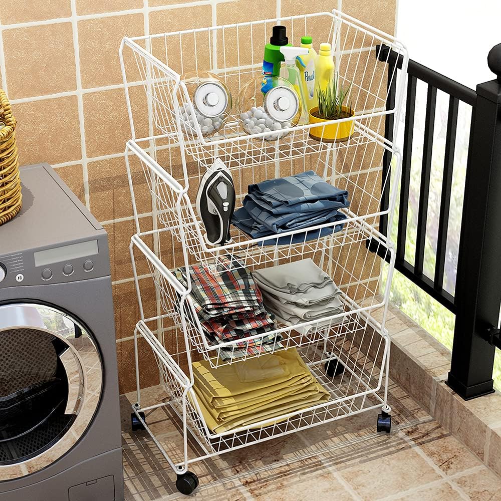 PUSDON Stackable Metal Storage Carts, Dual Use Shelf for Kitchen Fruit Vegetable Baskets with Wheels, Storage Rack for Living Room, Home & Office, Plus White 4 Tiers