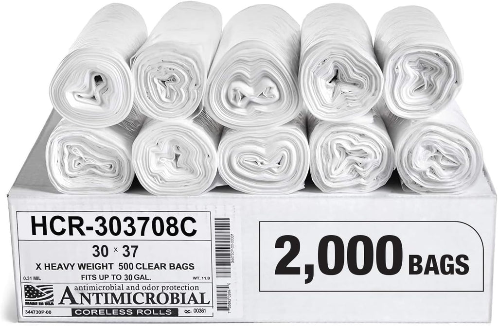Aluf Plastics High Density Trash Bags, 30 Gallon, 2000 Count, 8 Micron (eq), 30" x 37", Clear, for Bathroom, Office, Industrial, Commercial, Janitorial, Municipal, Recycling
