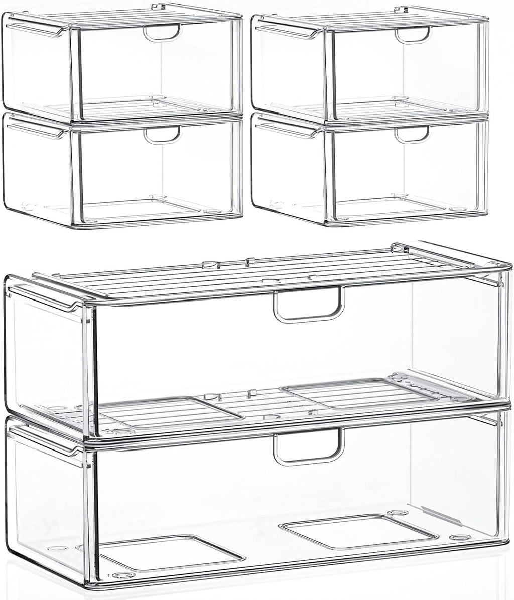 Acrylic Storage Drawers Set of 6, Clear Makeup Organizer, Plastic Organizer Bins for Beauty Supplies,Ideal for Vanity, Bathroom,Cabinet,Pantry Organization
